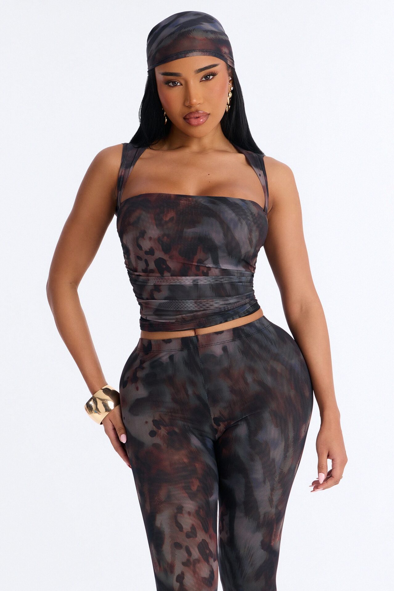 Control The Urge Animal Mesh 3 Piece Capri Set - Brown/combo
