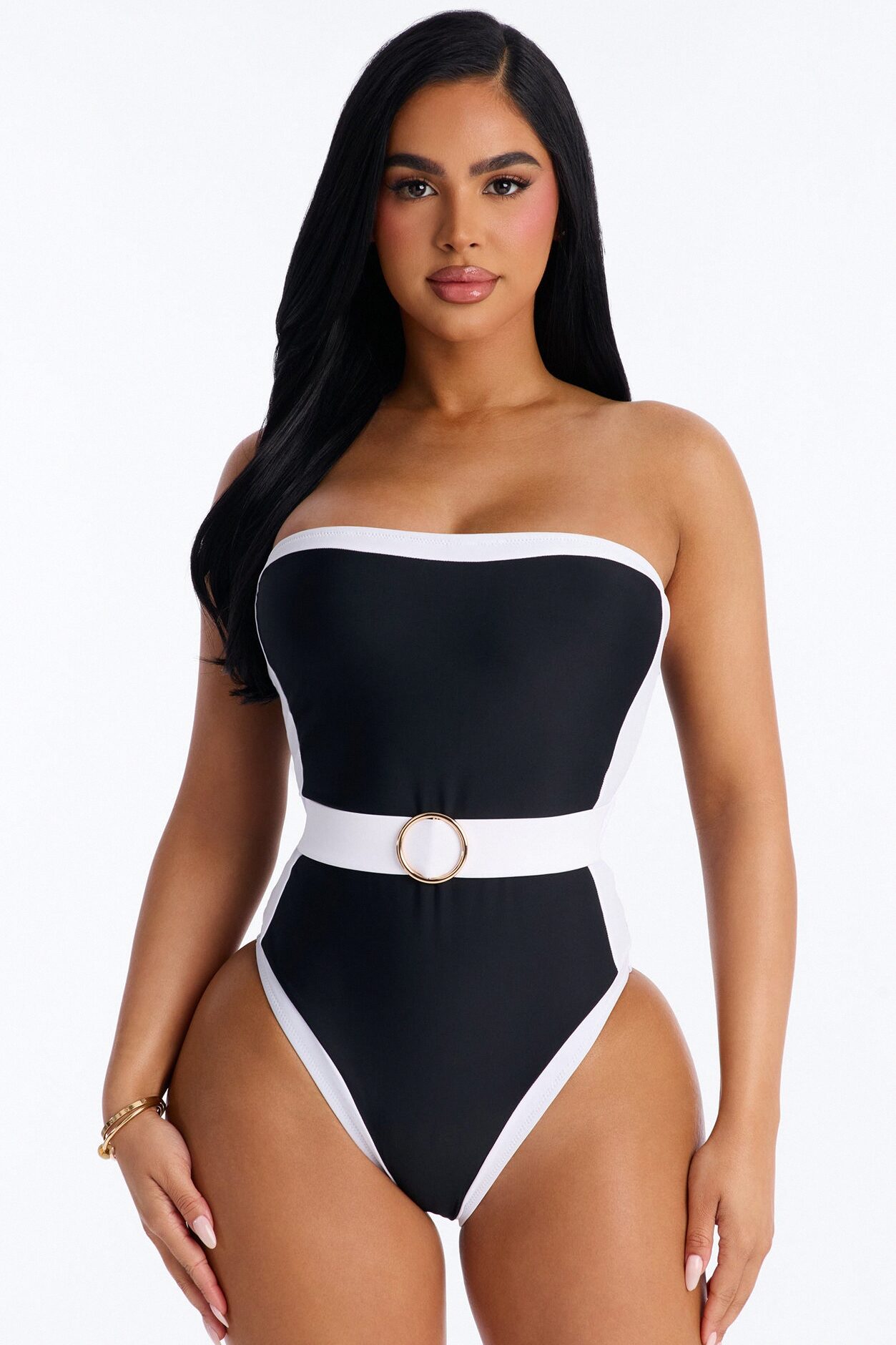 Sunny Days Colorblock Hardware Strapless 1 Piece Swimsuit - Black/White