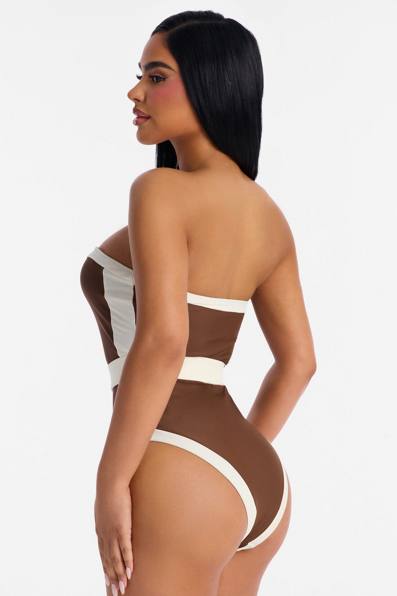 Sunny Days Colorblock Hardware Strapless 1 Piece Swimsuit - Brown/combo