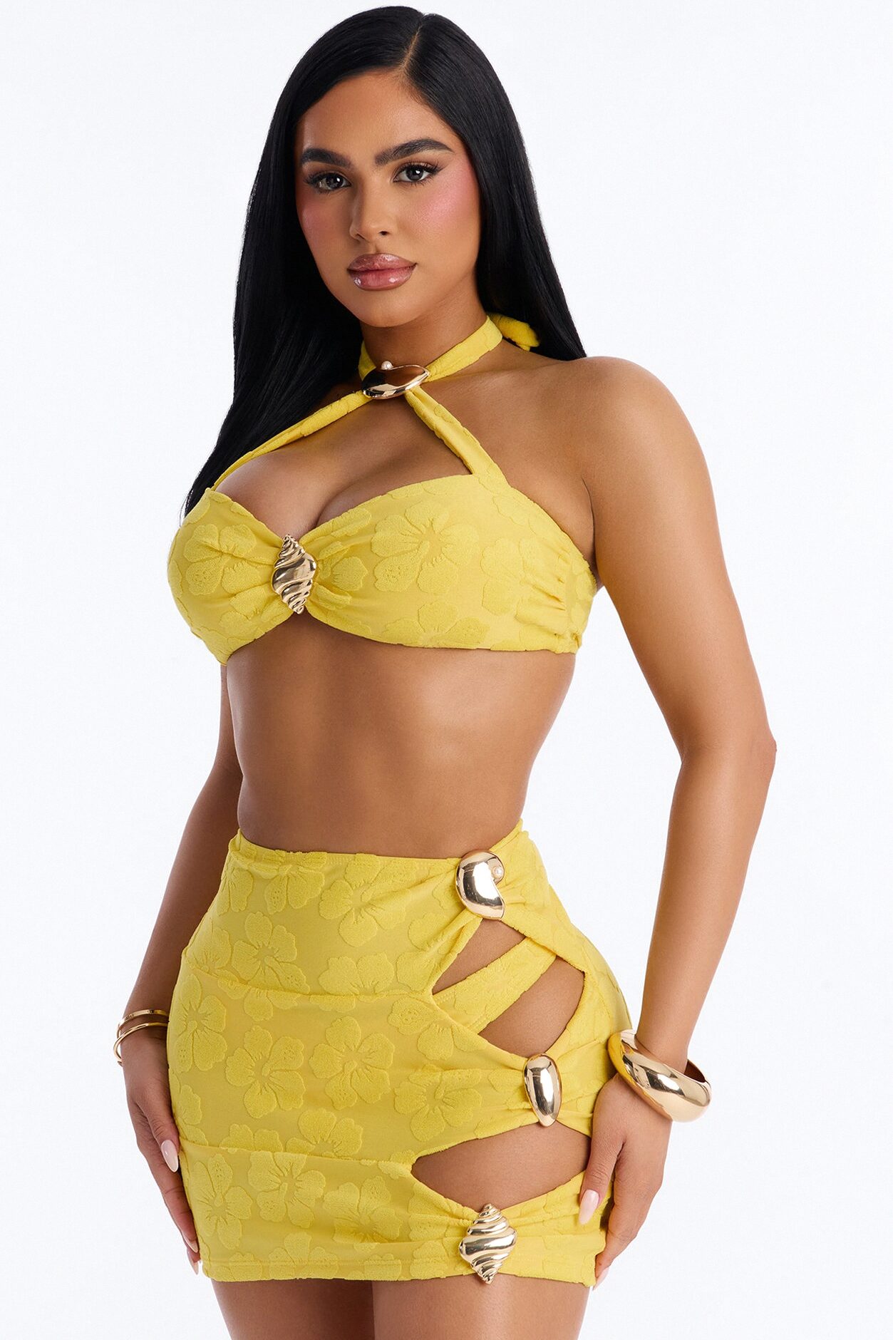 Coconut Drip Textured Hibiscus 3 Piece Bikini Skirt Set - Yellow