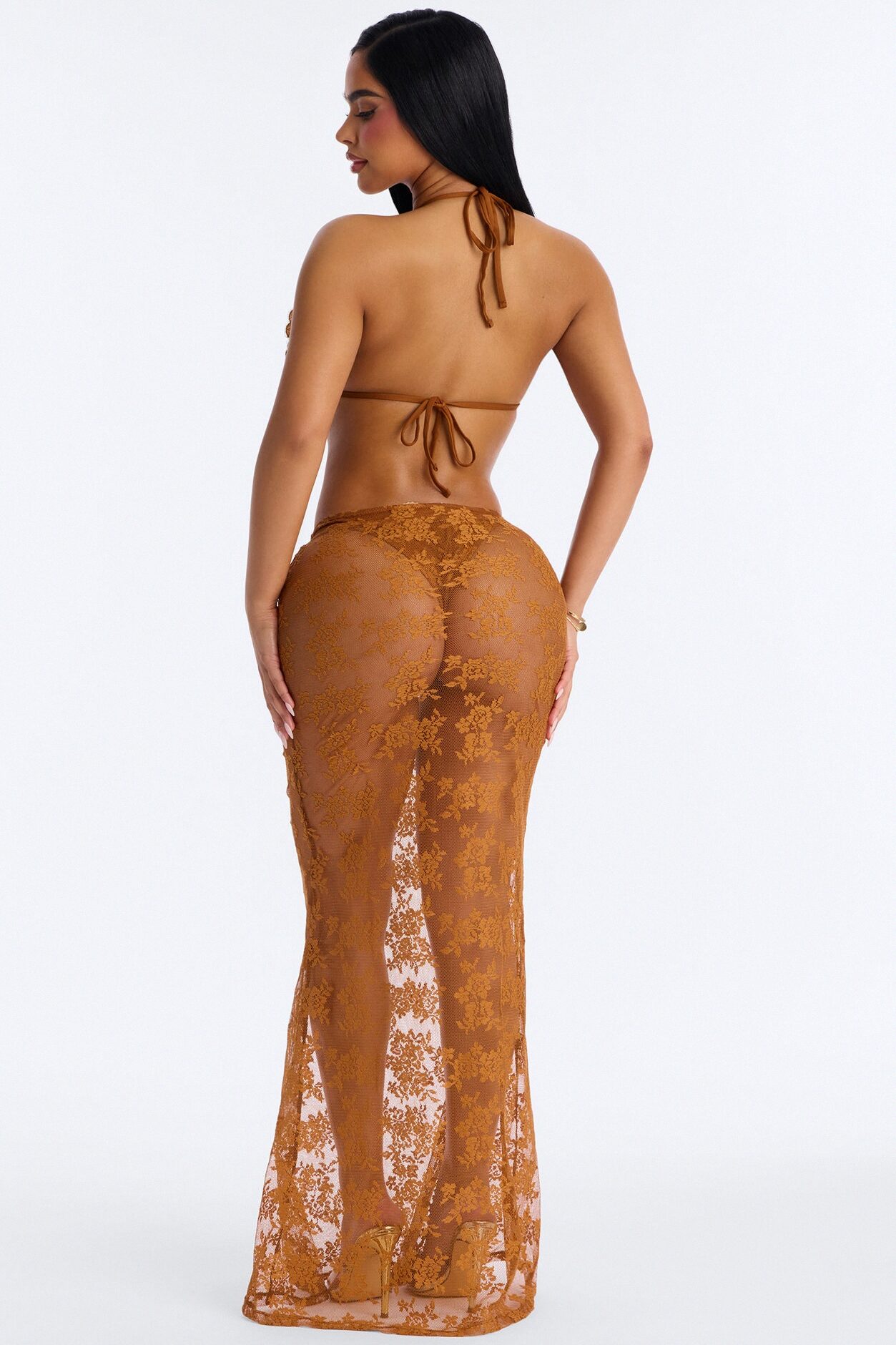 Flower Fever Sequin Applique 3 Piece Bikini Skirt Set - Brown