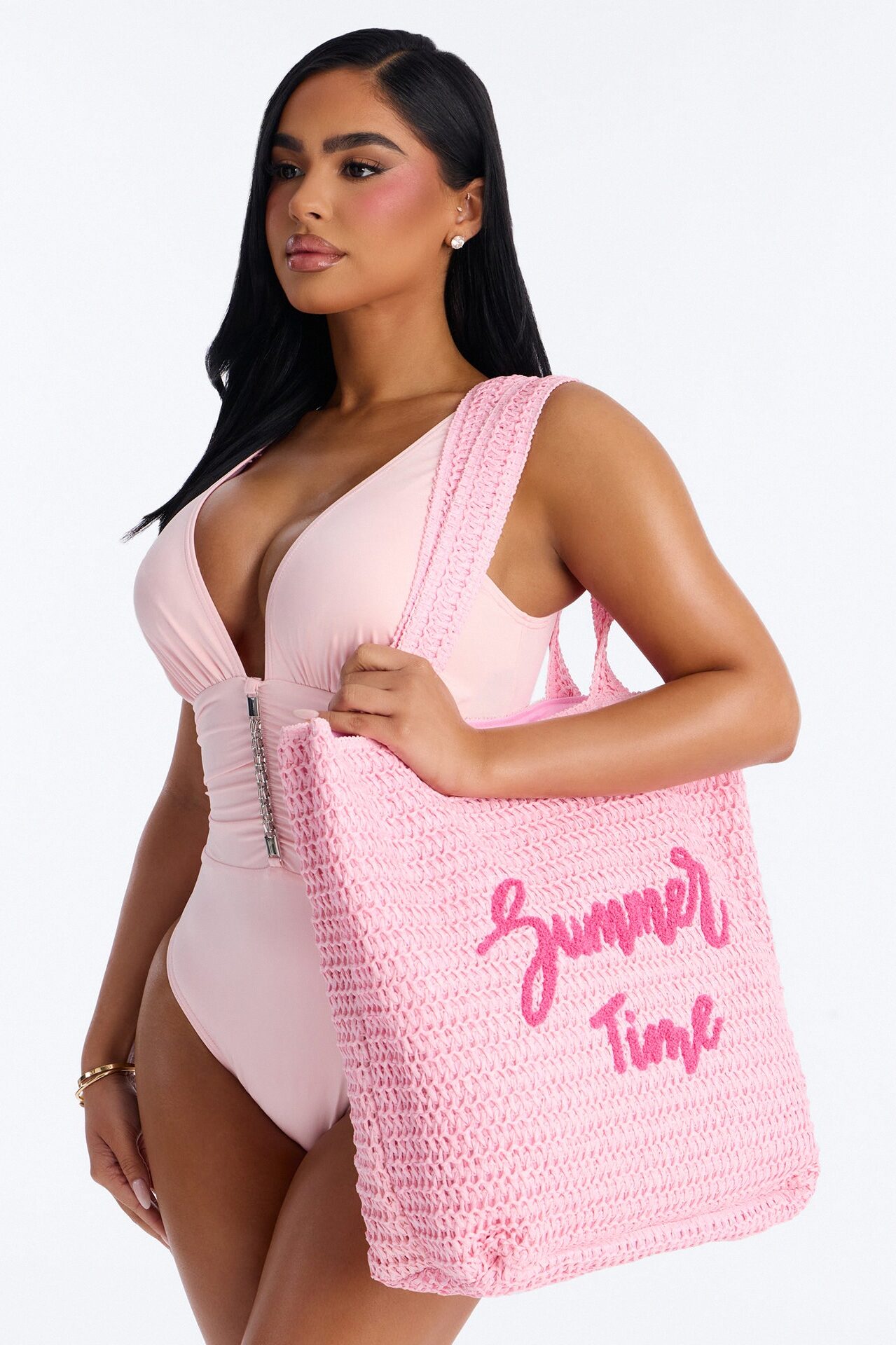 Summer Time Straw Tote And Wristlet - Pink