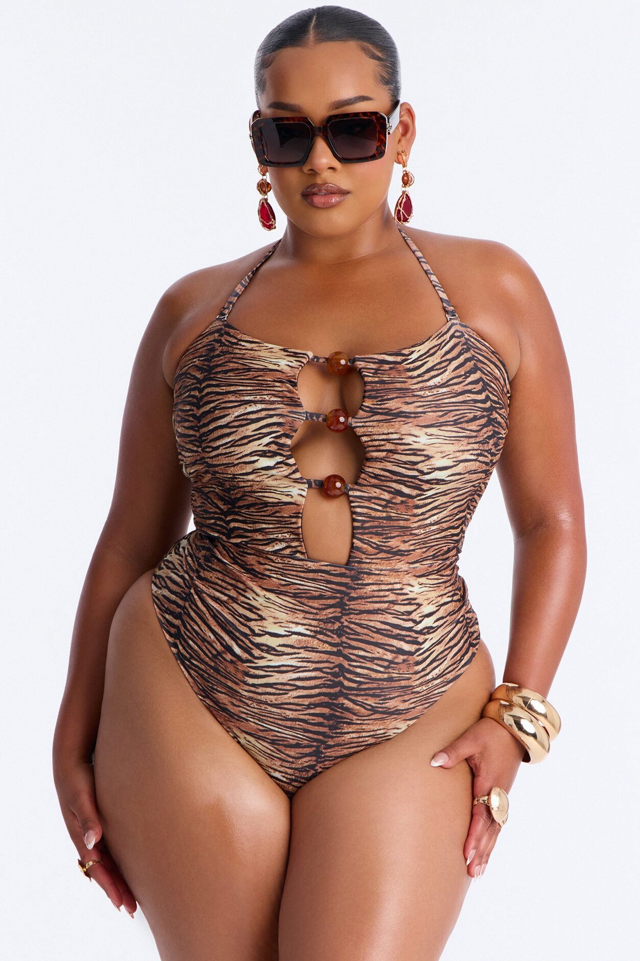 Aria Cut Out Beads 1 Piece Swimsuit - Brown/combo
