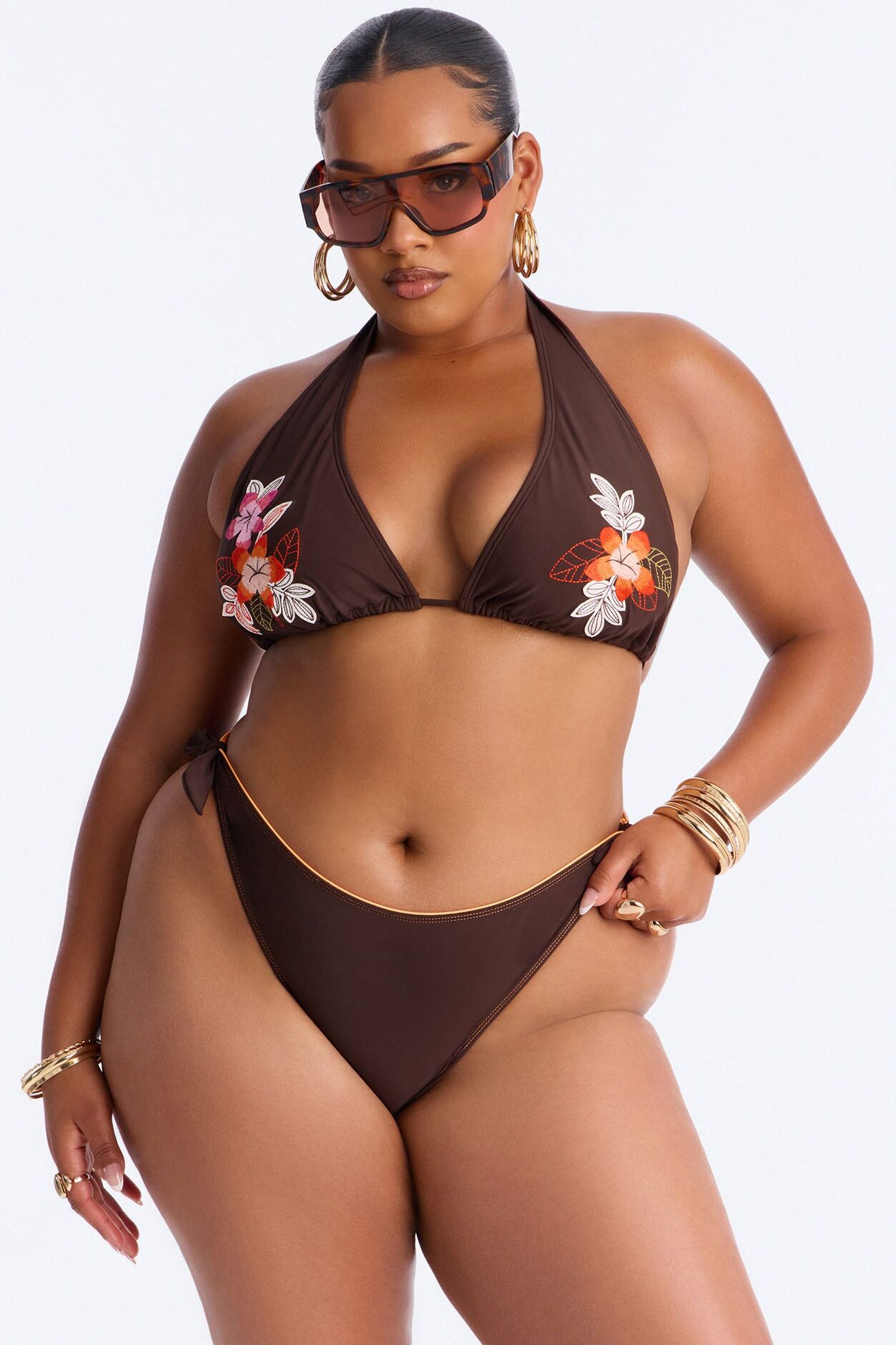 Danielle Knot Embroidered Floral Fixed Triangle 2 Piece Bikini - Dark Brown