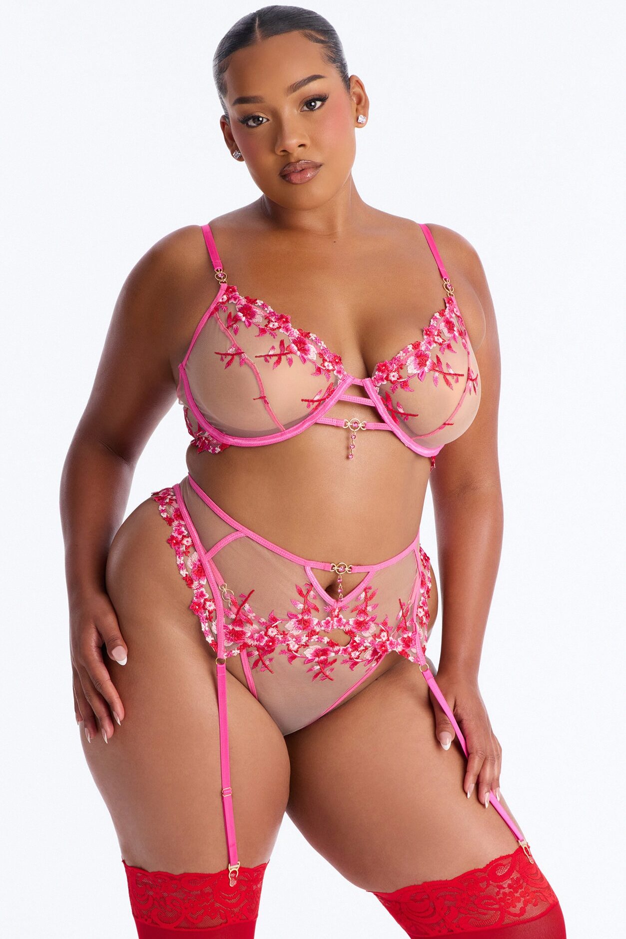 Amara Mesh Embroidered 3 Piece Bra And Panty Garter Set - Fuchsia