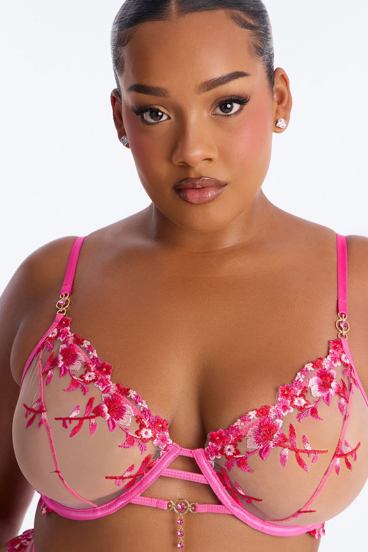 Amara Mesh Embroidered 3 Piece Bra And Panty Garter Set - Fuchsia