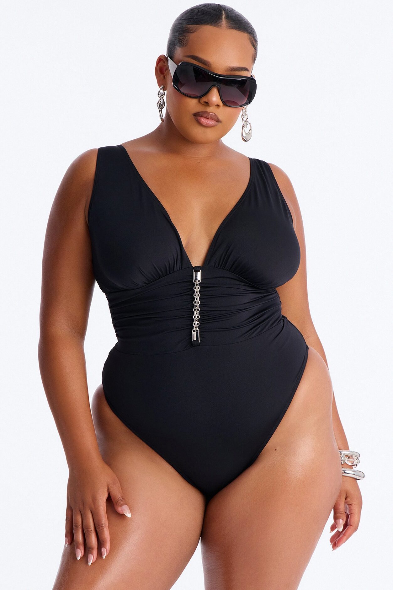 Shore Walks Ruching Hardware 1 Piece Swimsuit - Black