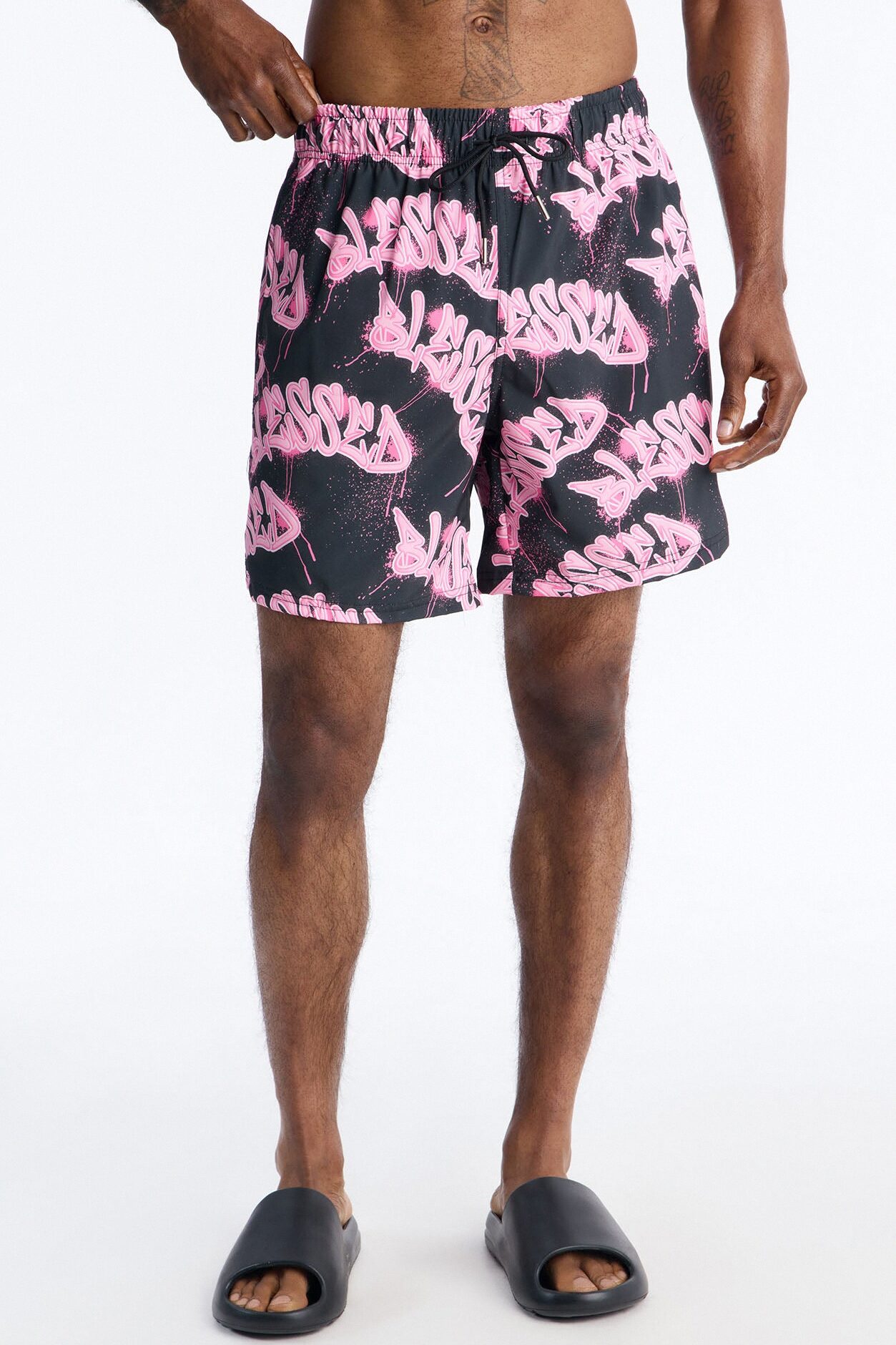 Blessed Street Graffiti Printed Swim Trunk 7″ - Black/Pink