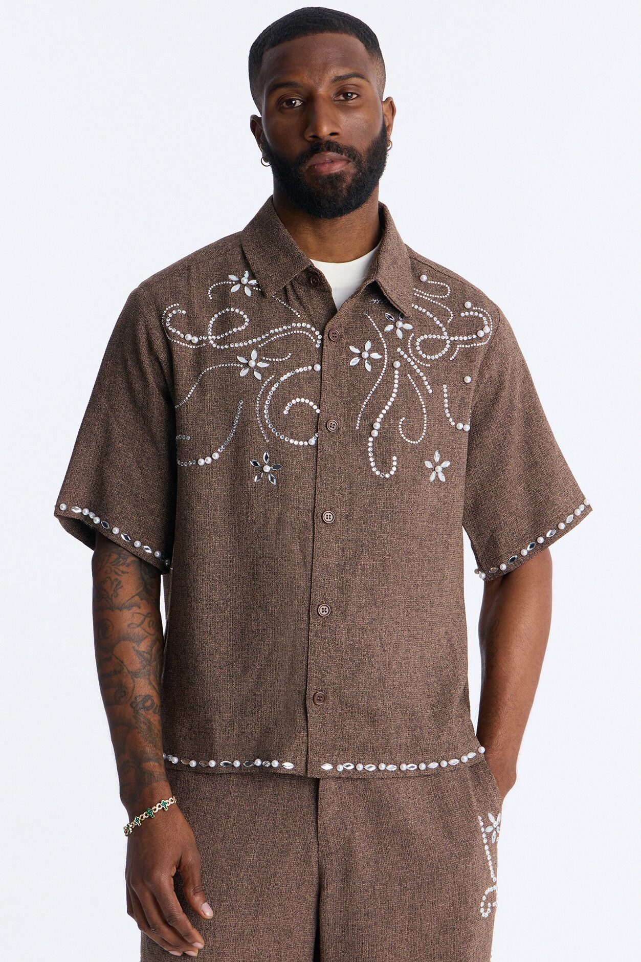 Cropped Wanderlust Pearl Journey Button Up - Brown