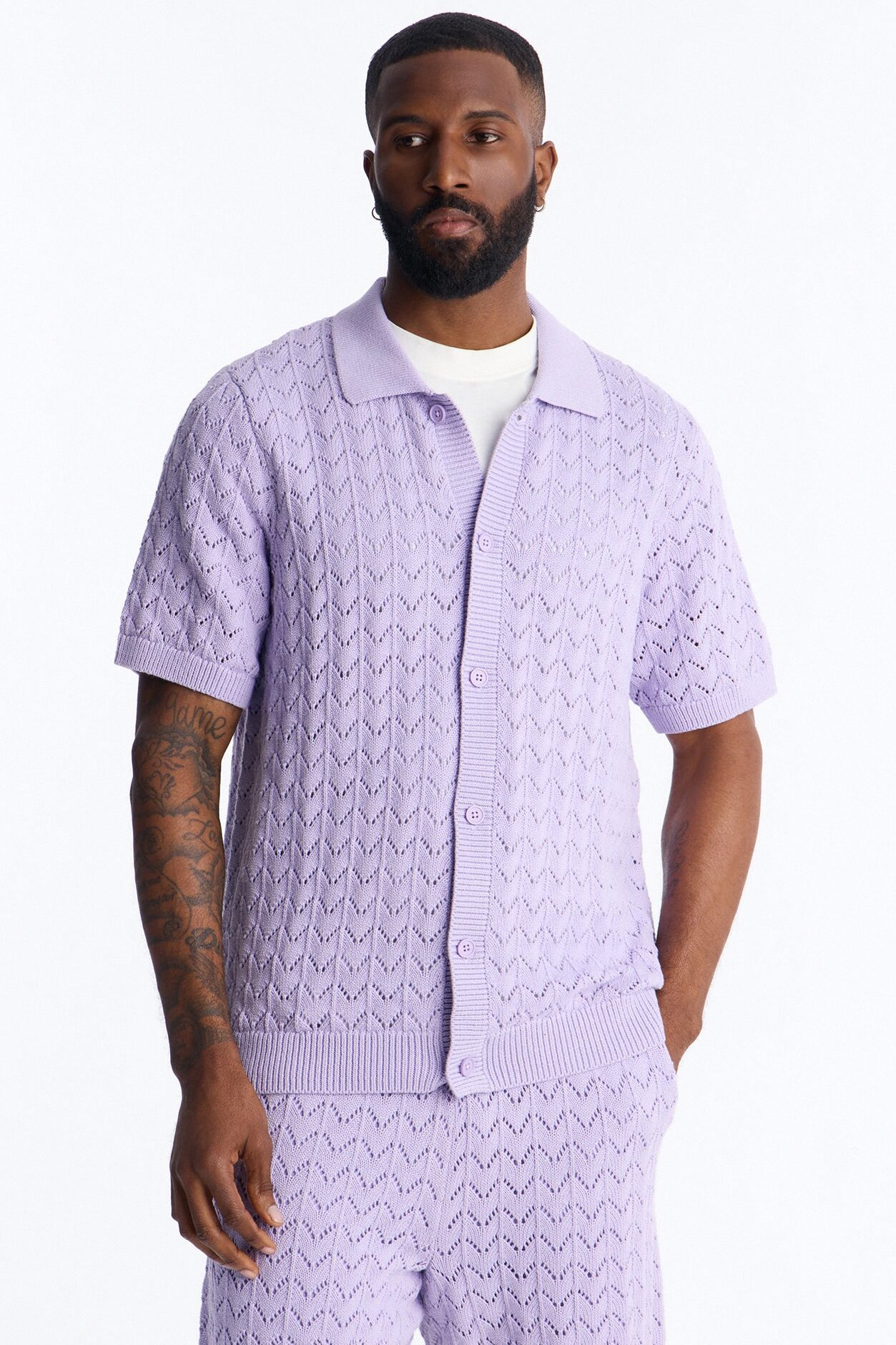 Waterfall Texture Open Knit Shirt - Lavender