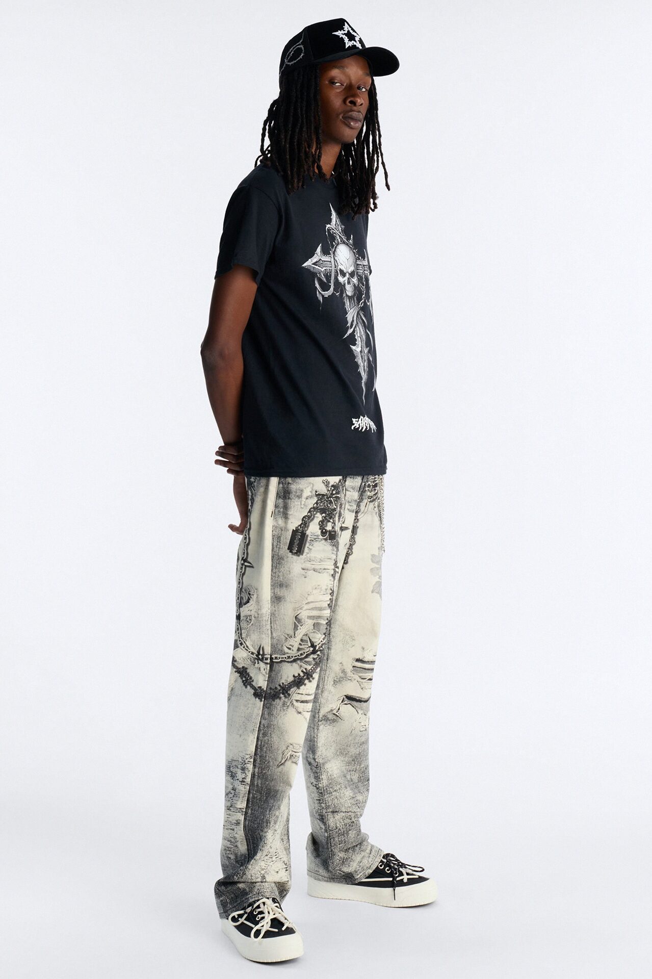 Smoke N Chains Printed Baggy Jean - Acid Wash Black