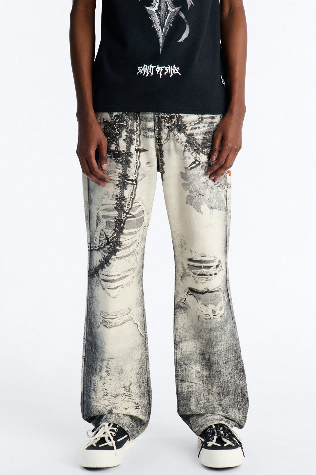 Smoke N Chains Printed Baggy Jean - Acid Wash Black