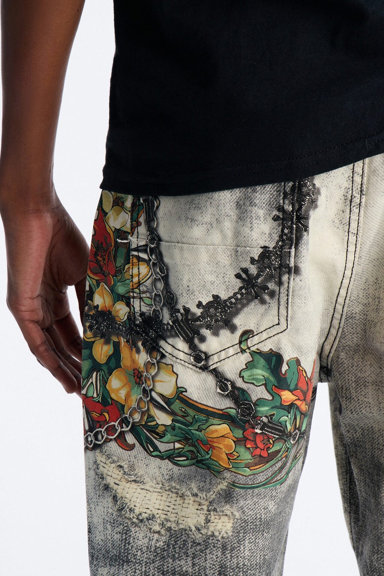 Smoke N Chains Printed Baggy Jean - Acid Wash Black