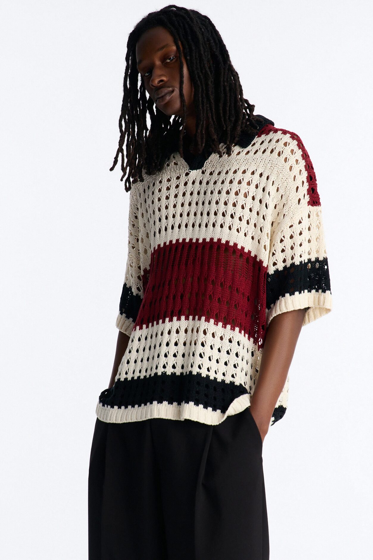 Weathered Stripe Knitted Polo - Burgundy