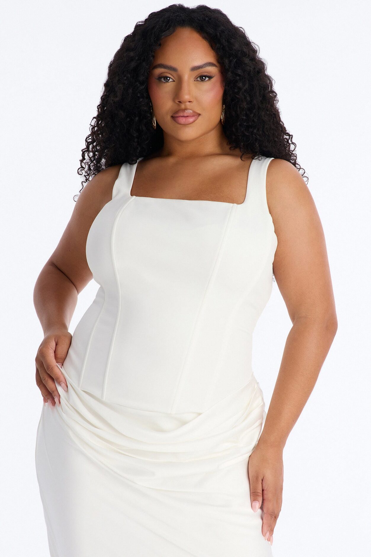 Haley Corset Draped Satin Midi Dress - White