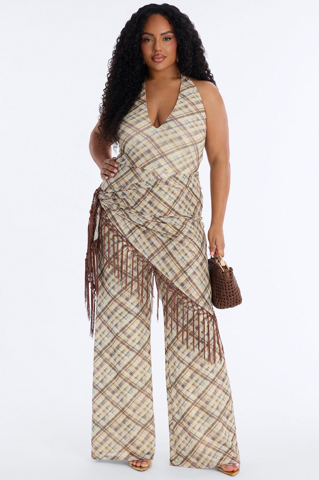 Ava Mesh Plaid Waist Scarf Jumpsuit - Brown