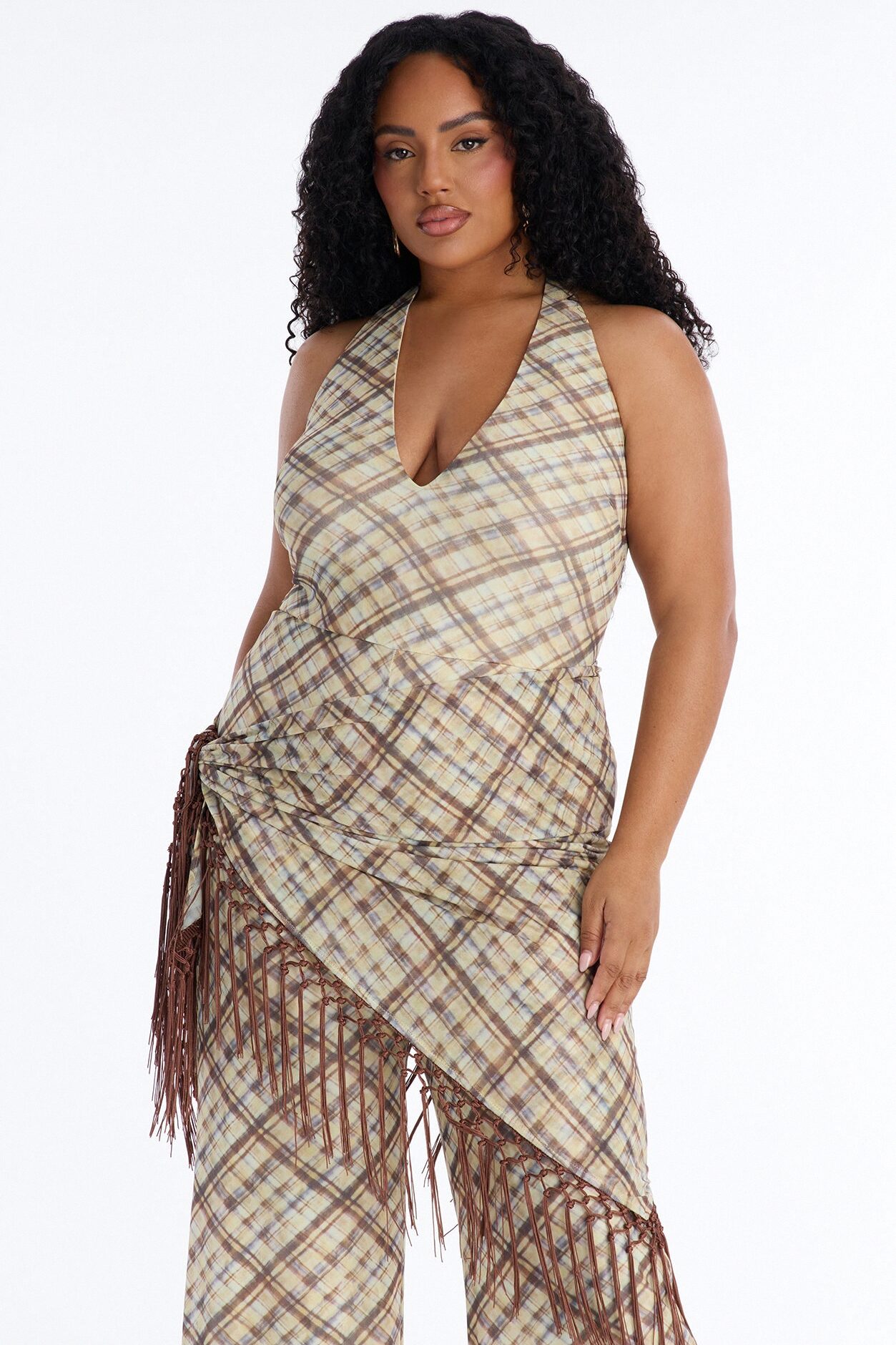 Ava Mesh Plaid Waist Scarf Jumpsuit - Brown