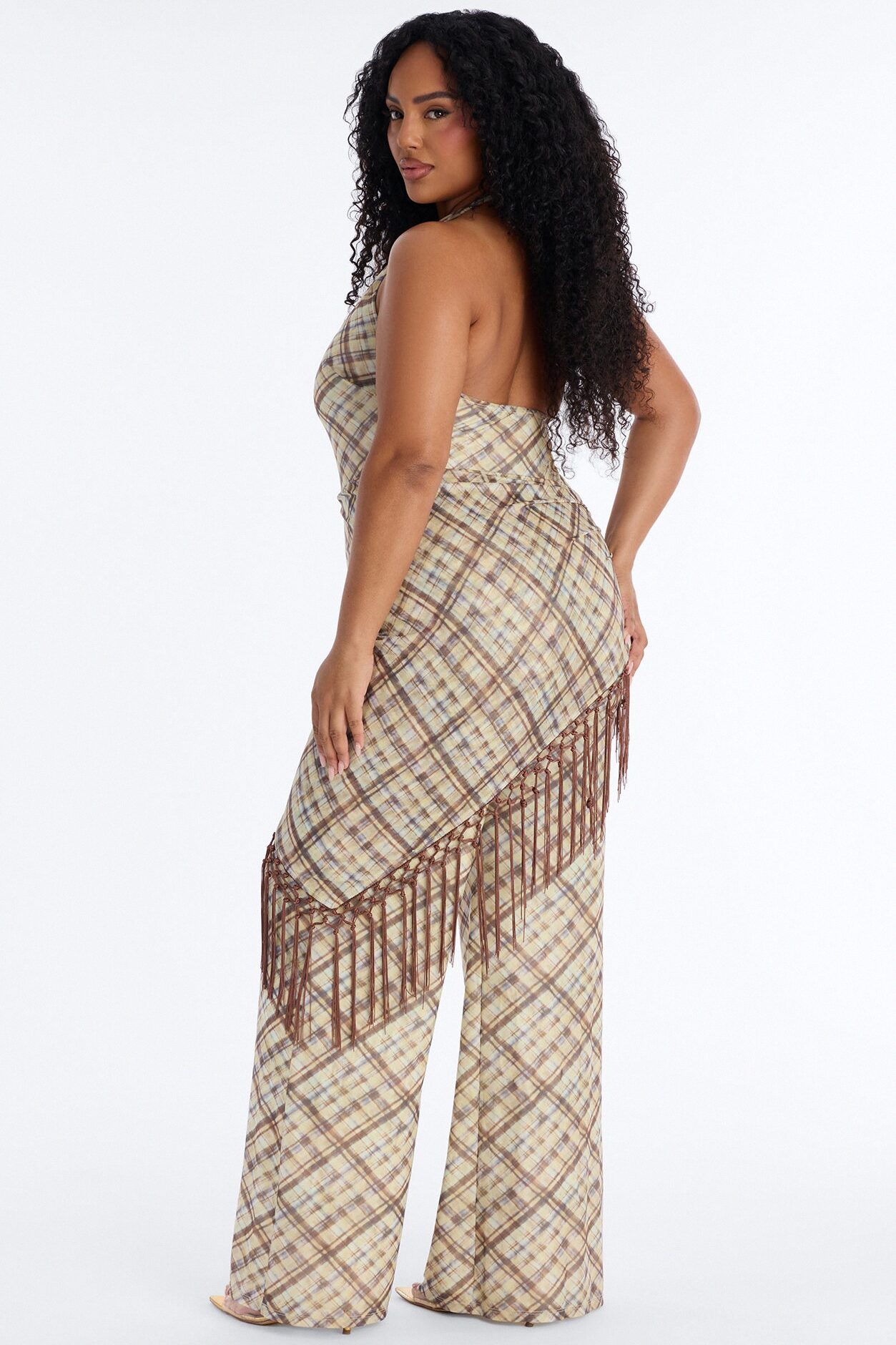 Ava Mesh Plaid Waist Scarf Jumpsuit - Brown