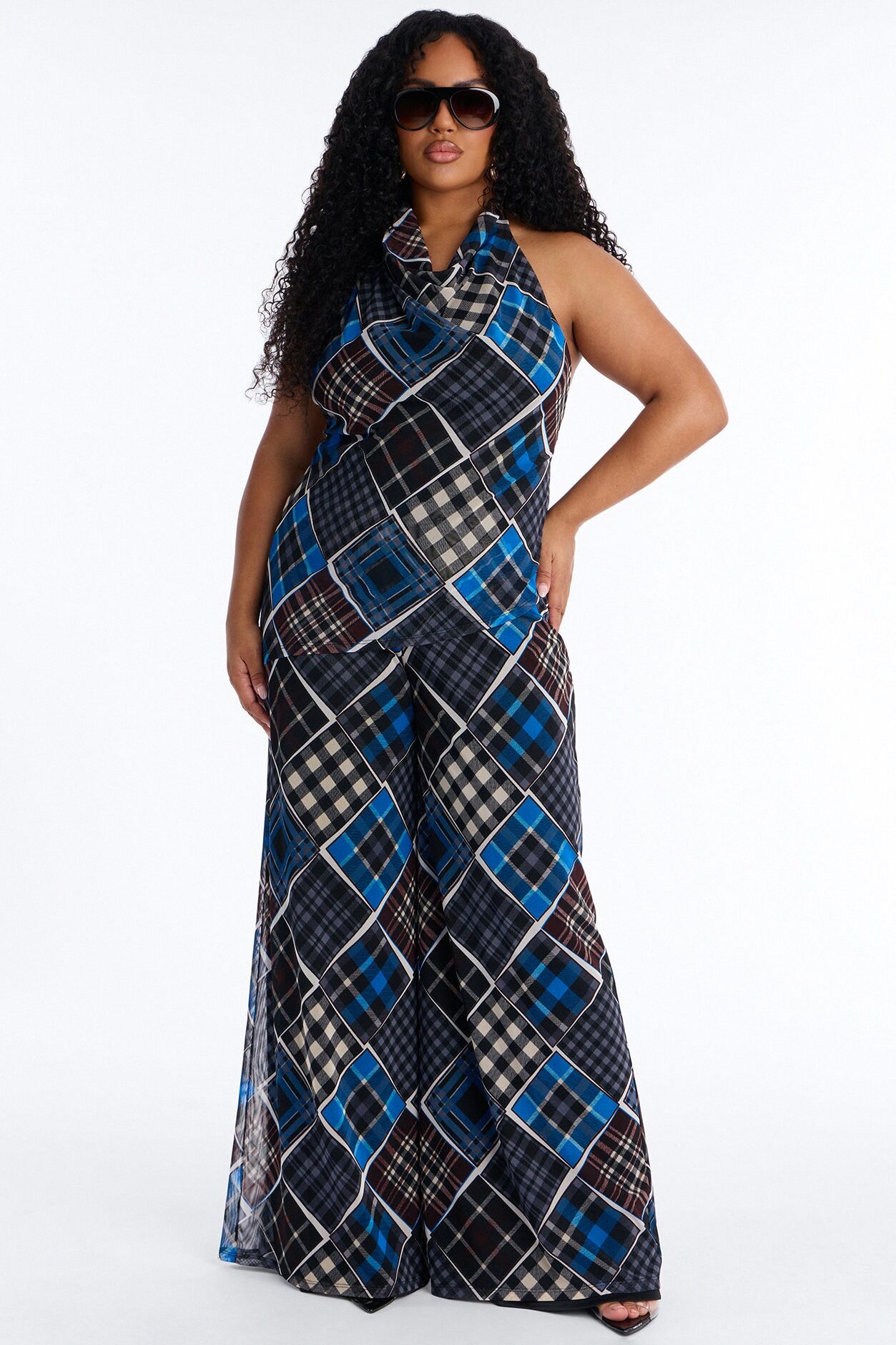 Trina Plaid Mesh Halter Pant Set - Blue/combo