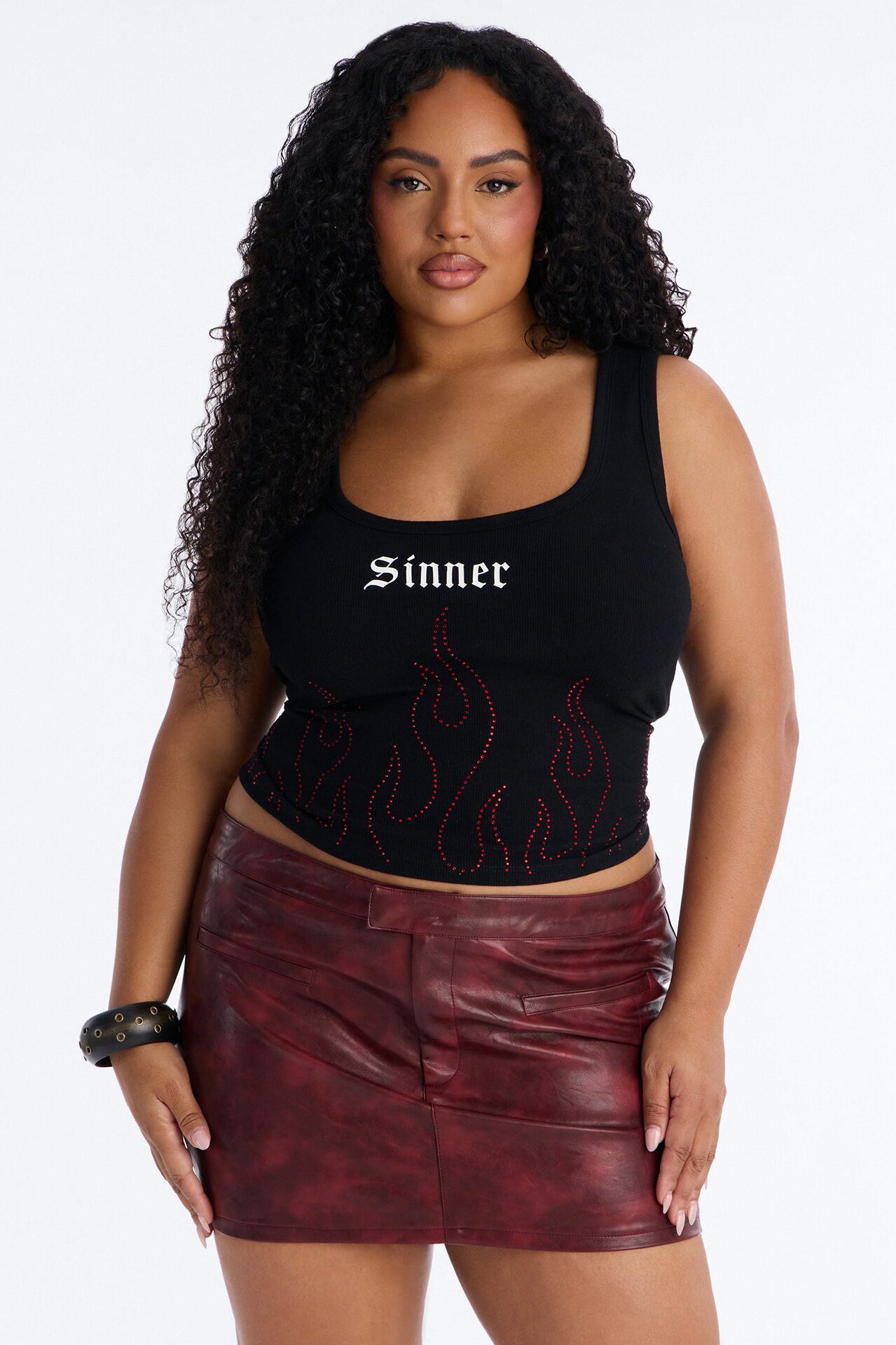 Sinner Rhinestone Flame Tank Top - Black