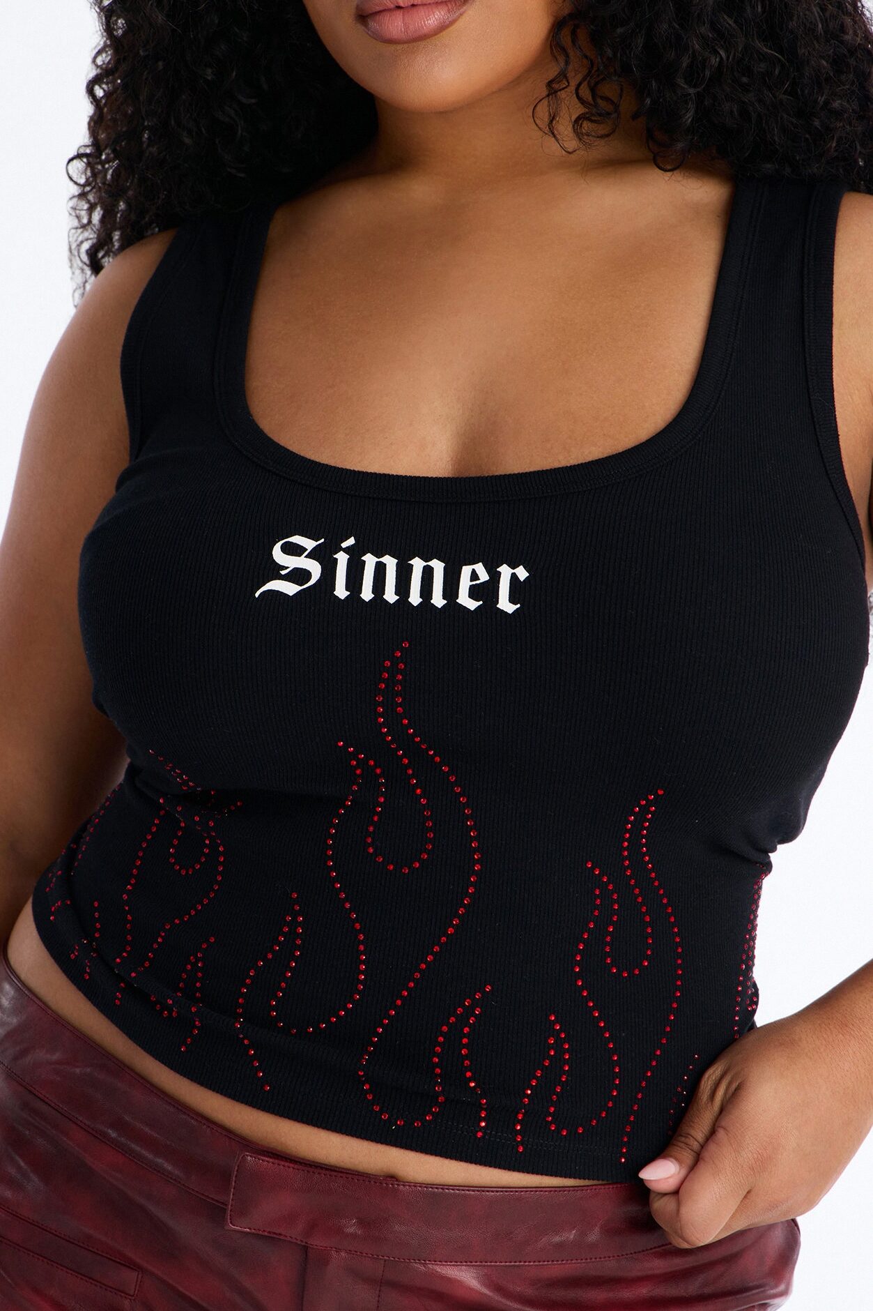 Sinner Rhinestone Flame Tank Top - Black