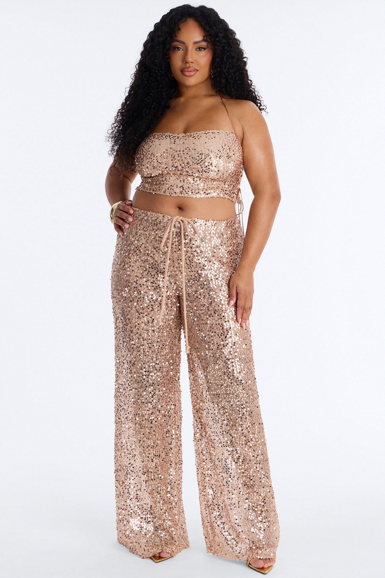 Paige Sequin Crochet Halter Pant Set - Gold
