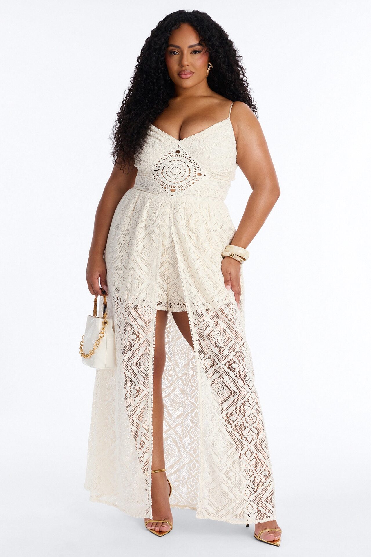 Flower Child Crochet Draped Romper - Cream