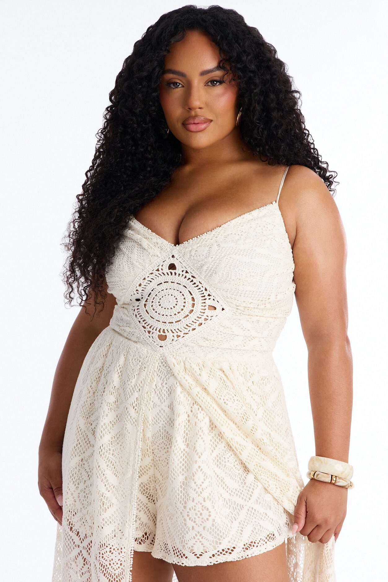 Flower Child Crochet Draped Romper - Cream
