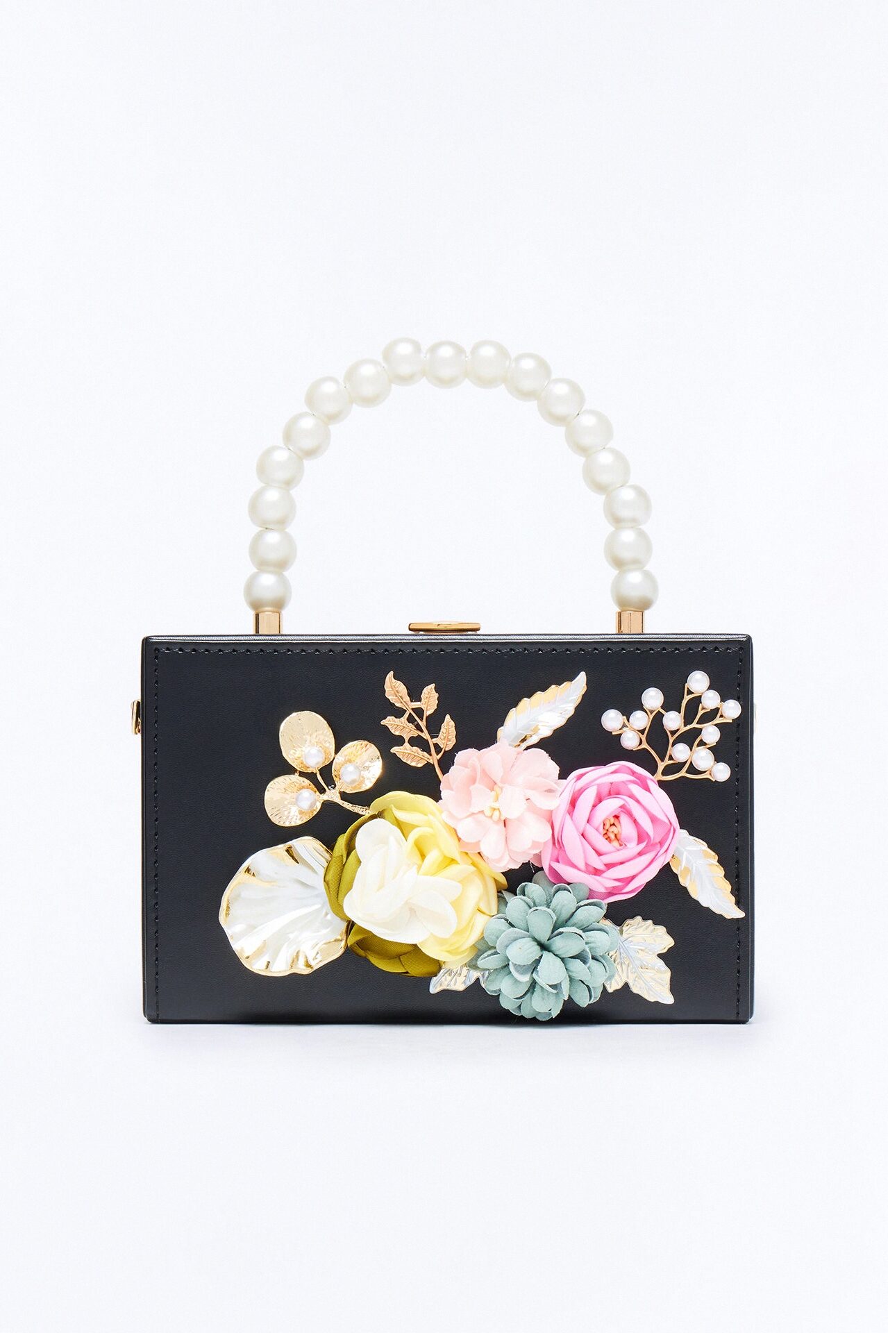 Flower Patch Faux Leather Satchel Handbag - Black