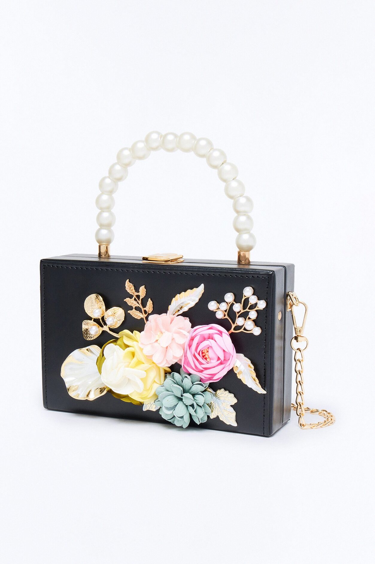 Flower Patch Faux Leather Satchel Handbag - Black