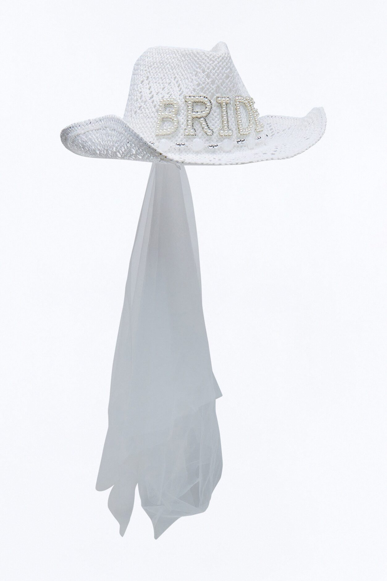 Bride In White Straw Cowboy Hat - White