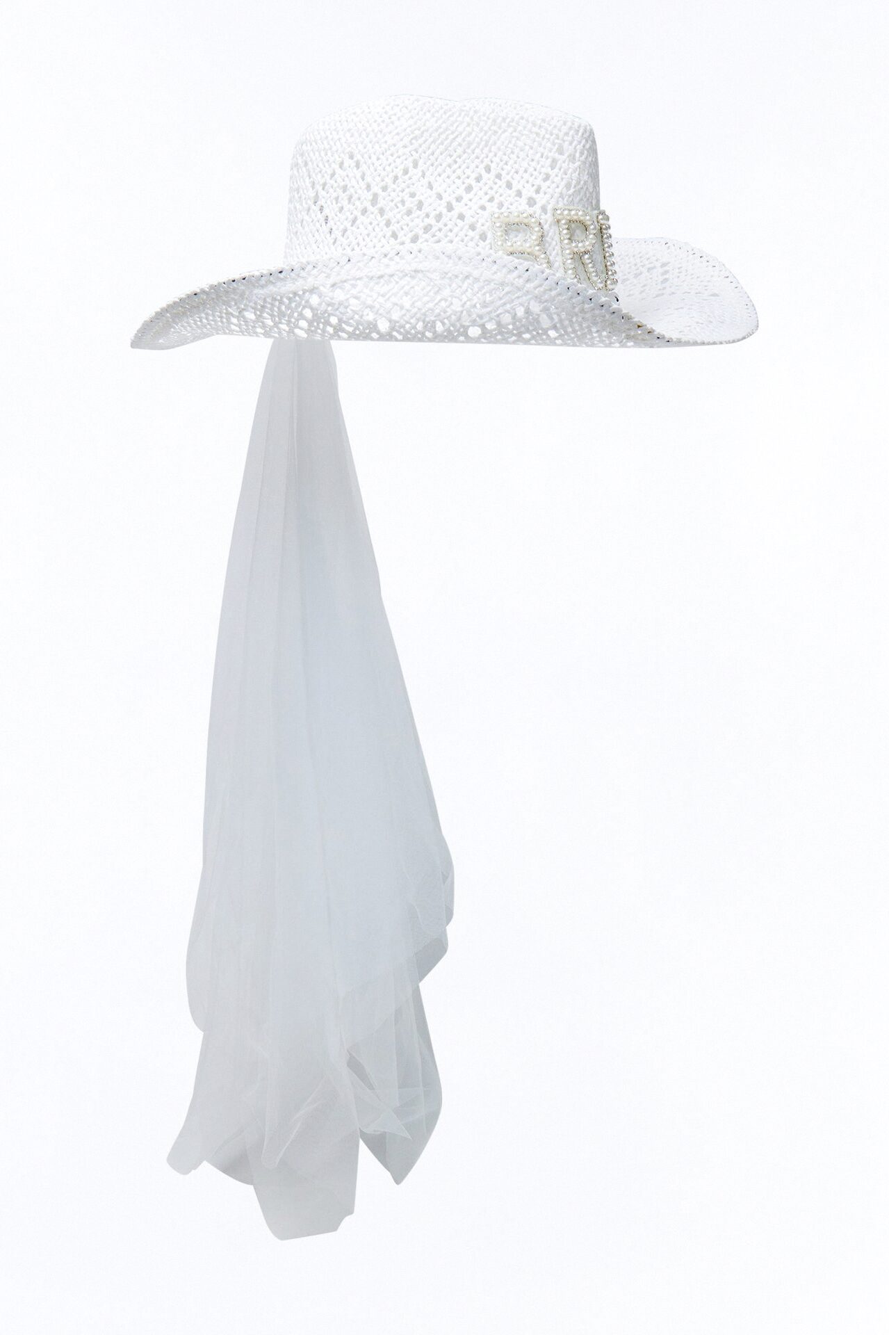 Bride In White Straw Cowboy Hat - White