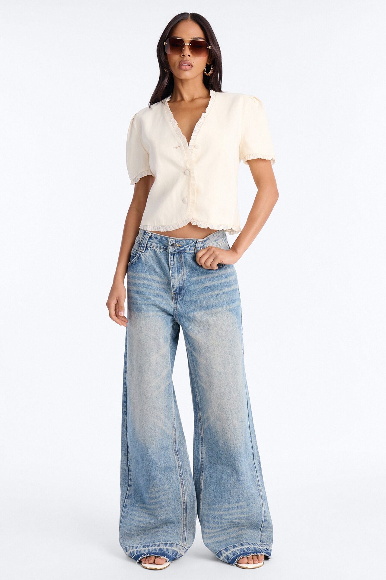 Chic With Love Ruffle Trim Linen Top - Beige