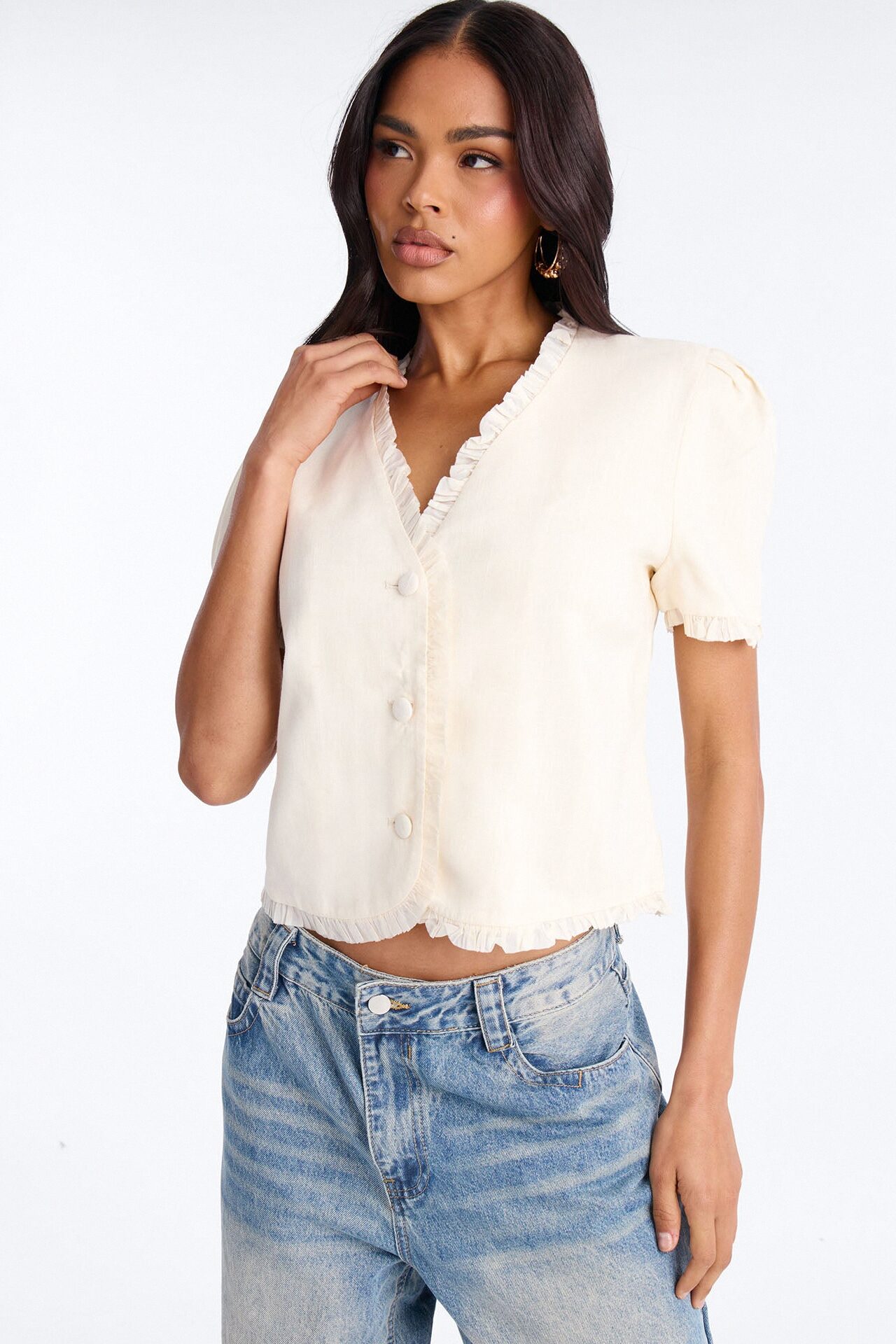 Chic With Love Ruffle Trim Linen Top - Beige