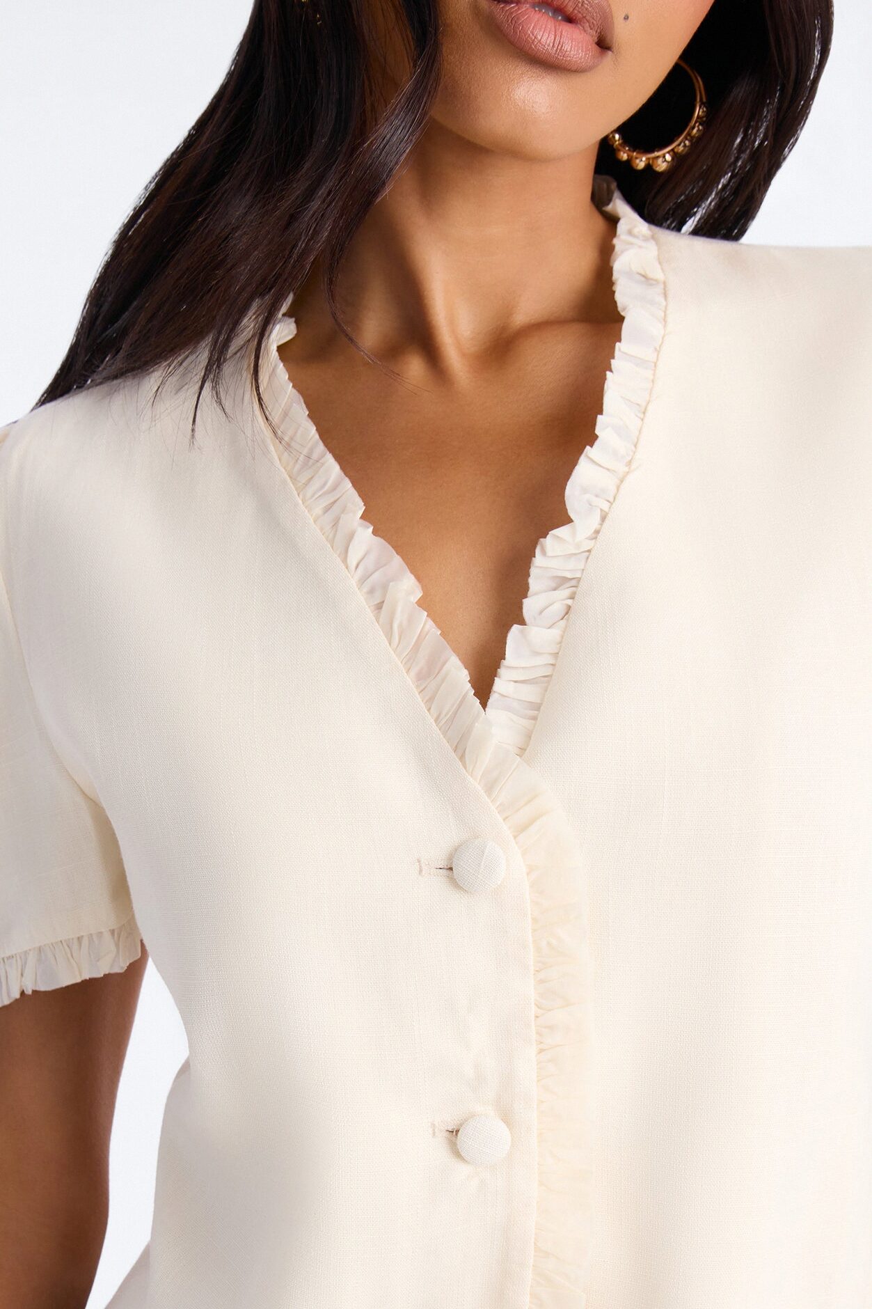Chic With Love Ruffle Trim Linen Top - Beige