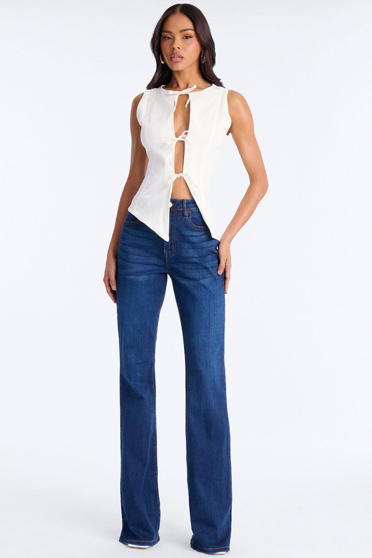 Weekend Glow Strappy Tie Front Denim Top - White