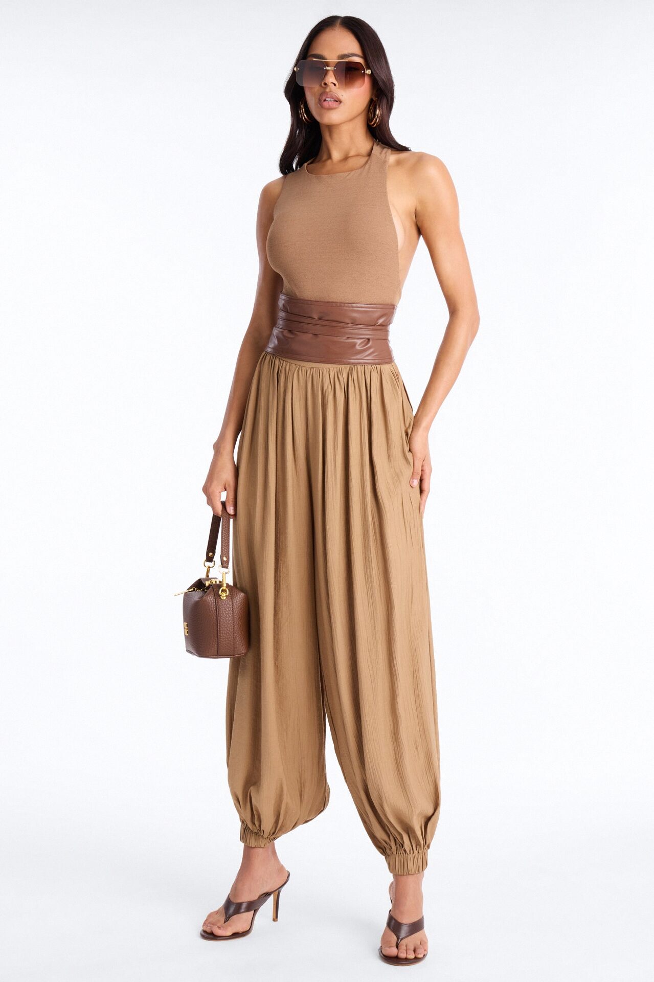 Tiana 3 Piece Belted Balloon Pant Set - Camel