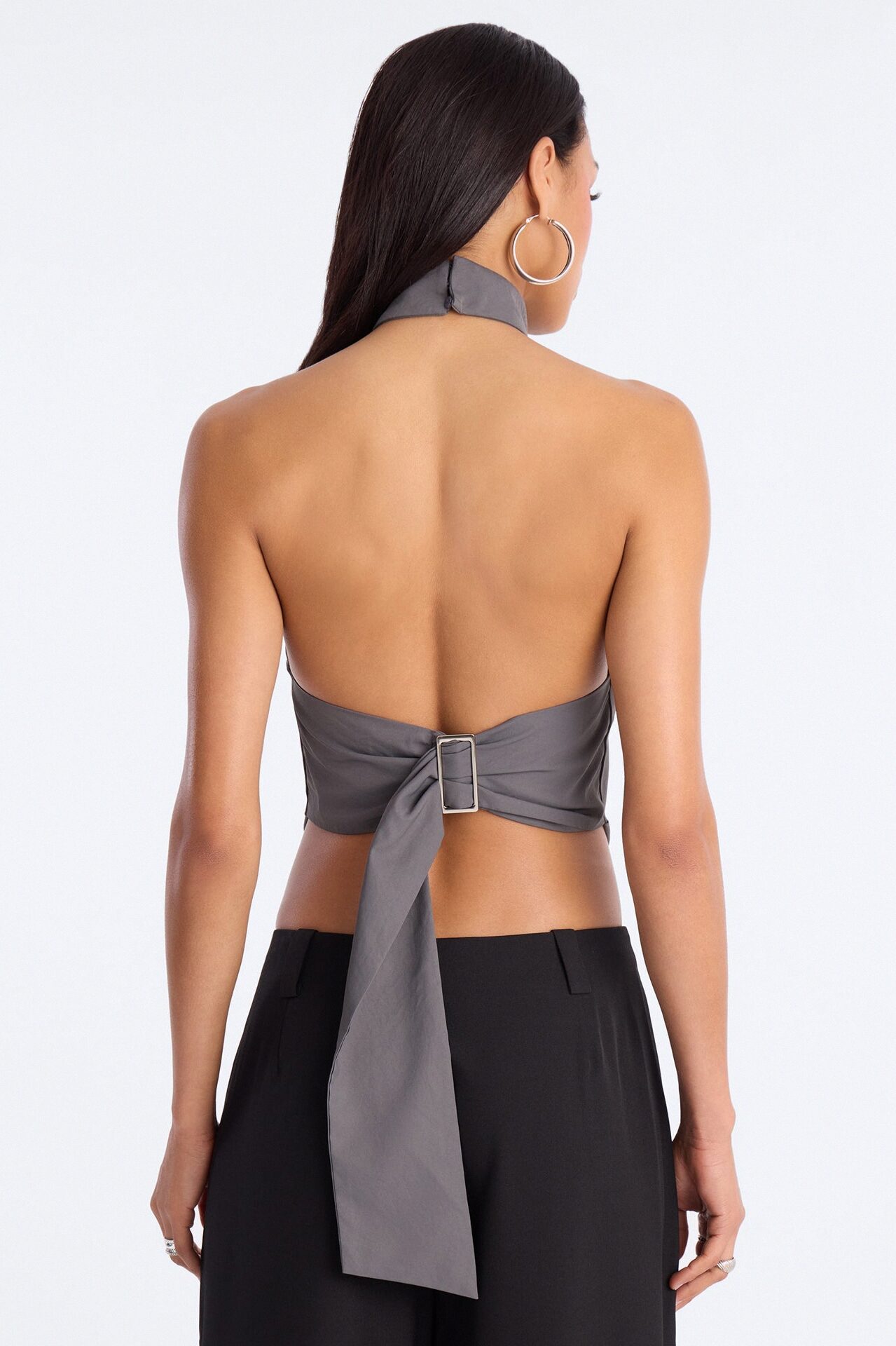 Modern Girl Belted Nylon Halter Top - Grey