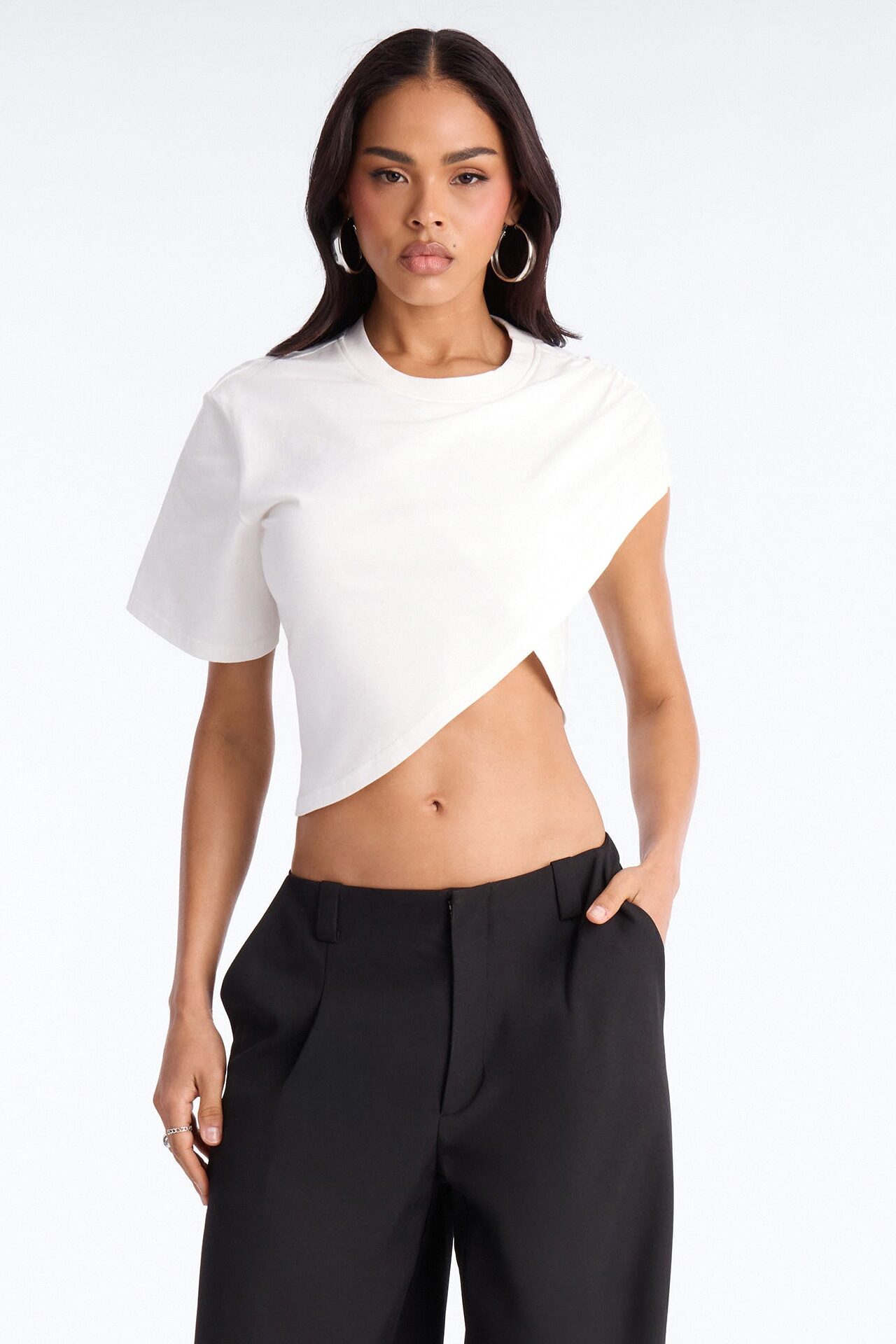 Unbothered Asymmetrical Short Sleeve T-Shirt - White
