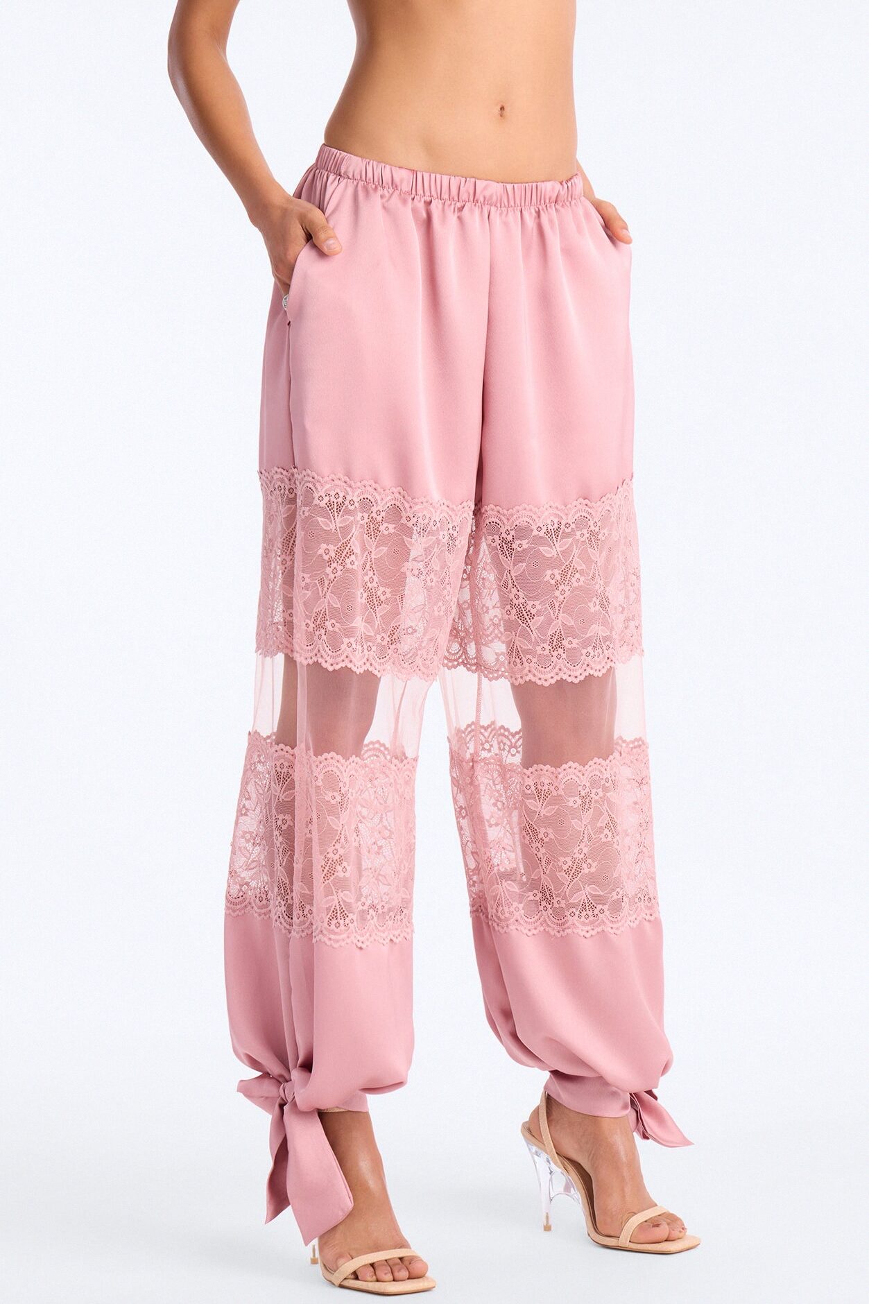 Melissa Satin Brunch Lace Trim Jogger Pant - Light Pink