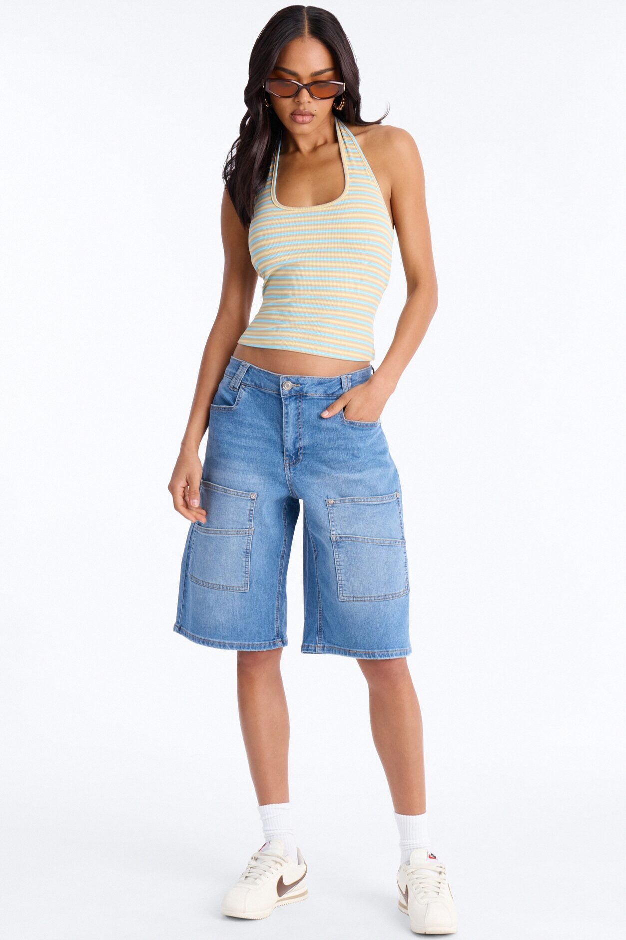 Lulu Ribbed Striped Scoop Neck Halter Top - Brown/combo