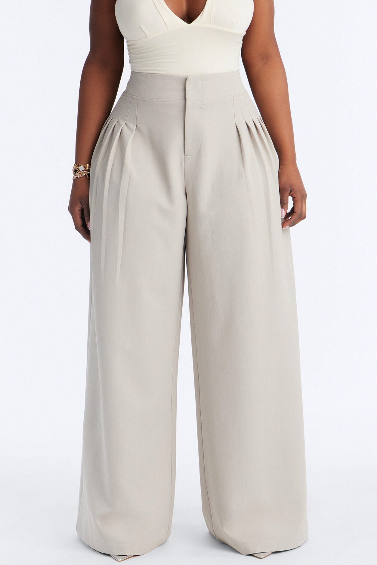 Adele Pleated Wide Leg Trouser Pant 33″ - Stone
