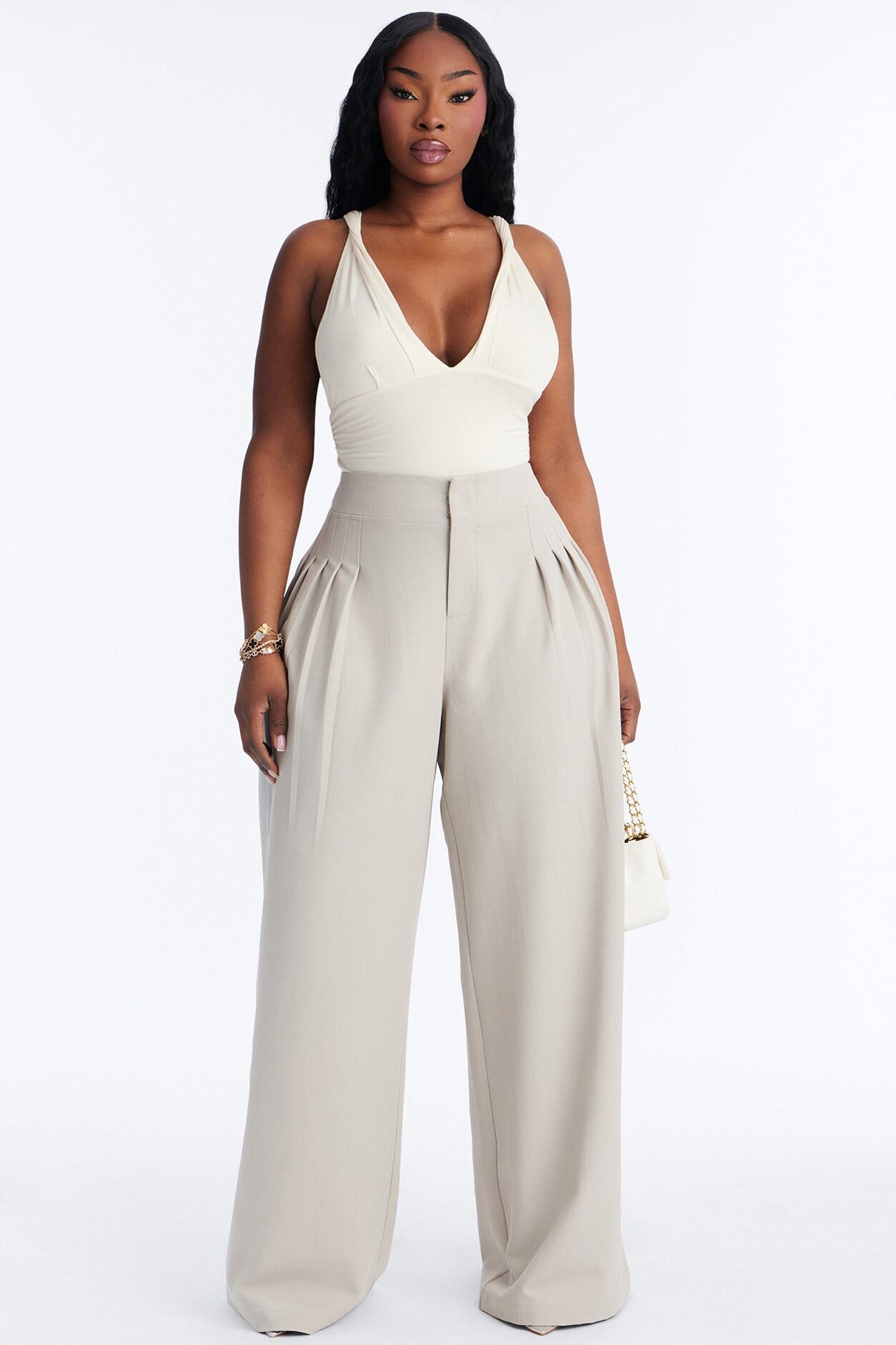 Adele Pleated Wide Leg Trouser Pant 33″ - Stone