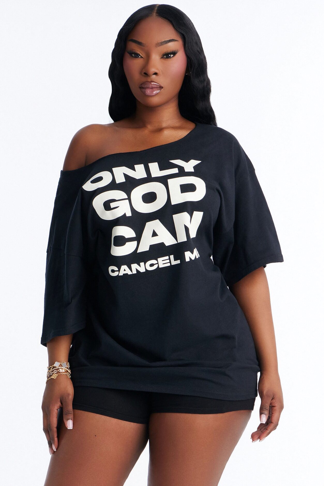 Only God Can Cancel Me Off Shoulder Tee - Black