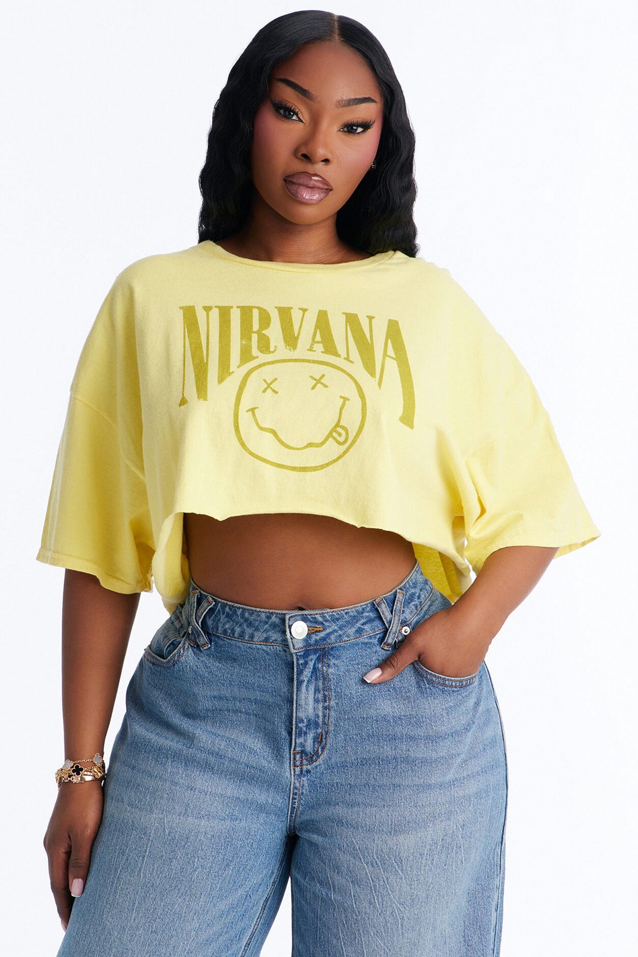Nirvana Smiley Washed Cropped Tee - Yellow