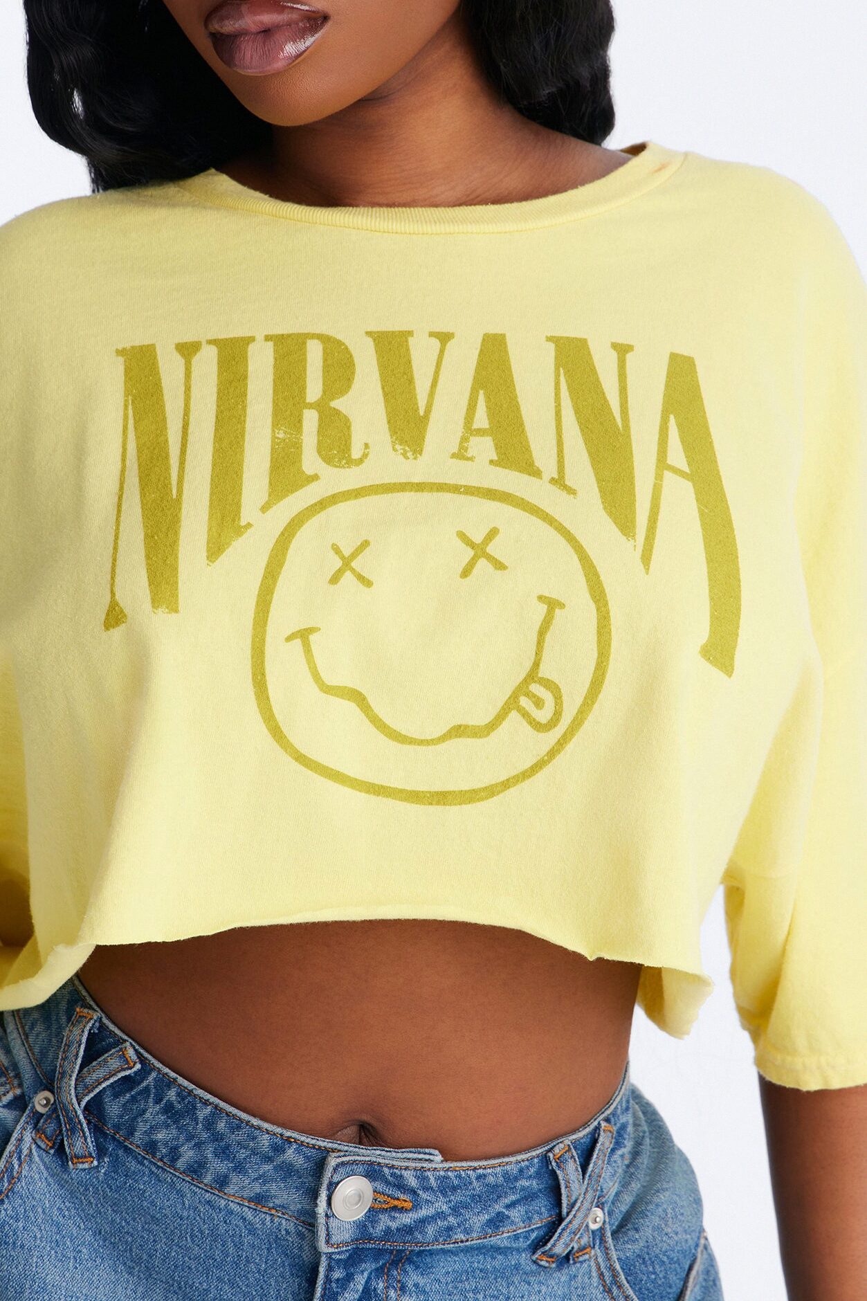 Nirvana Smiley Washed Cropped Tee - Yellow