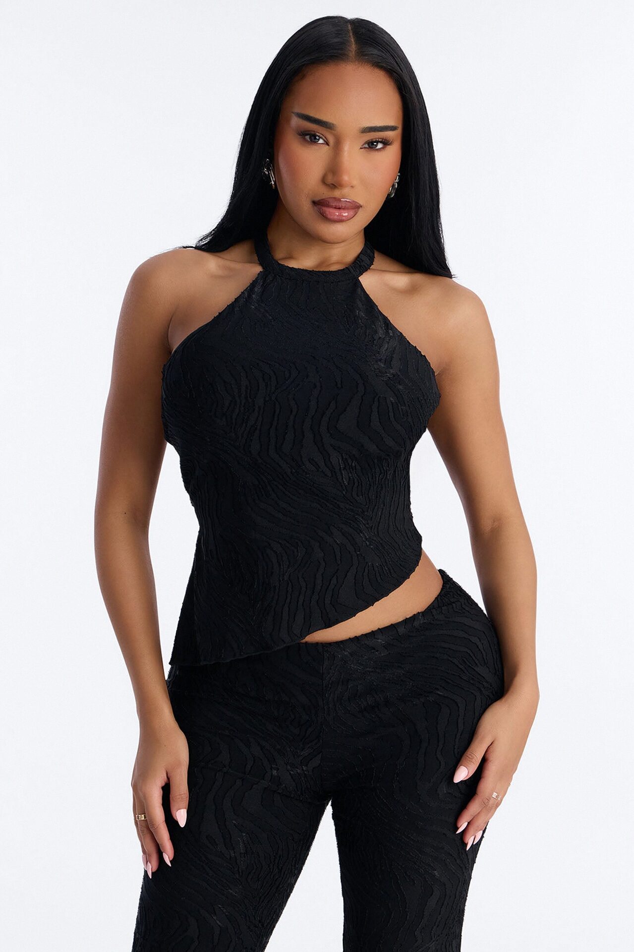 So In Love Textured Halter Flare Pant Set - Black