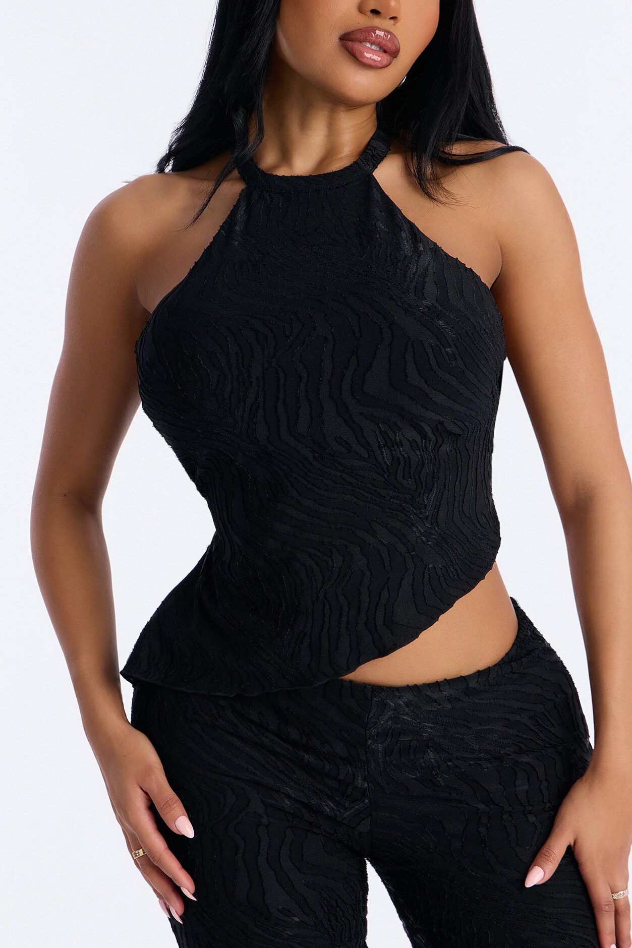 So In Love Textured Halter Flare Pant Set - Black
