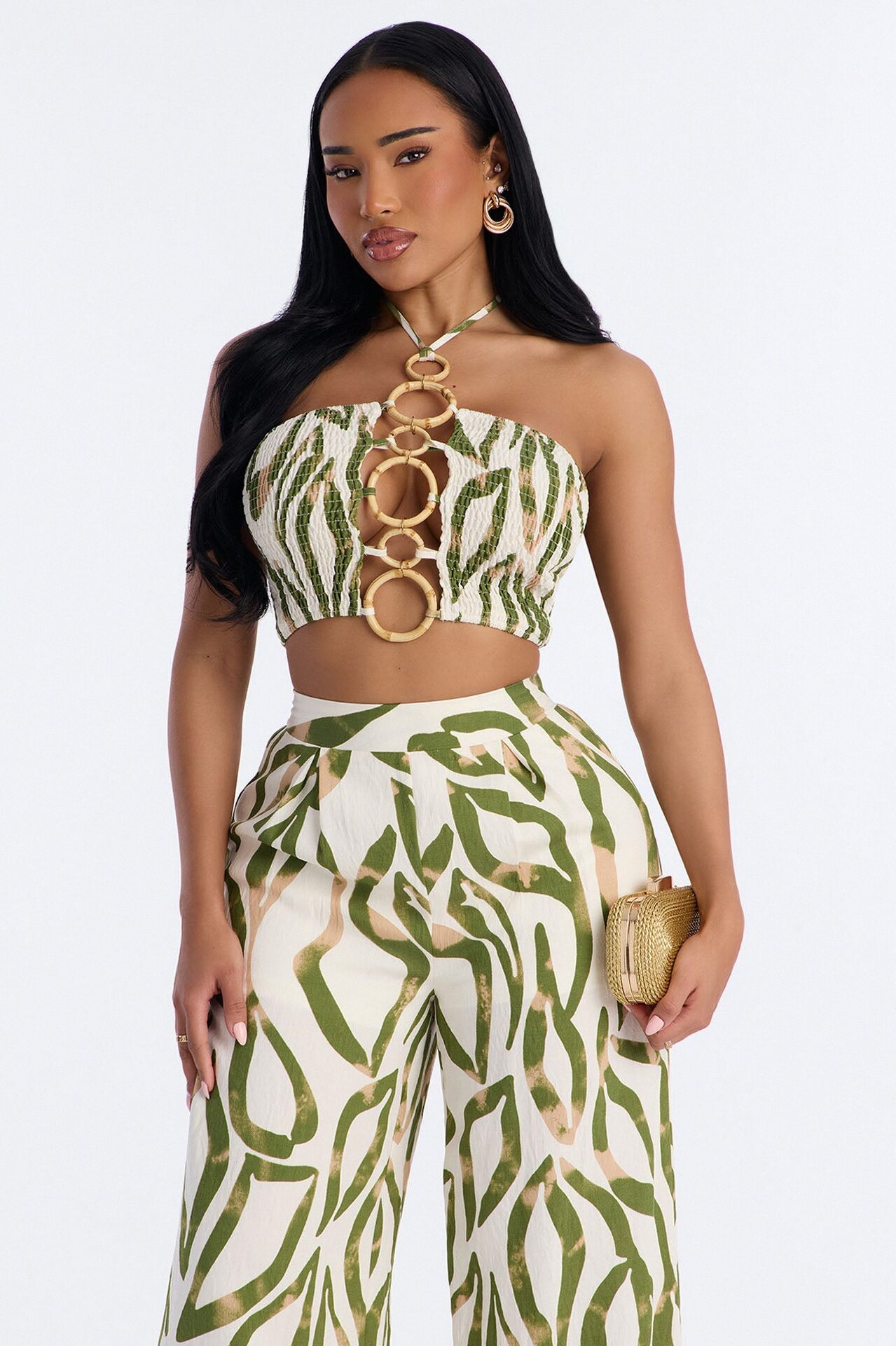 Bali Breeze Halter Pant Set - Olive/combo