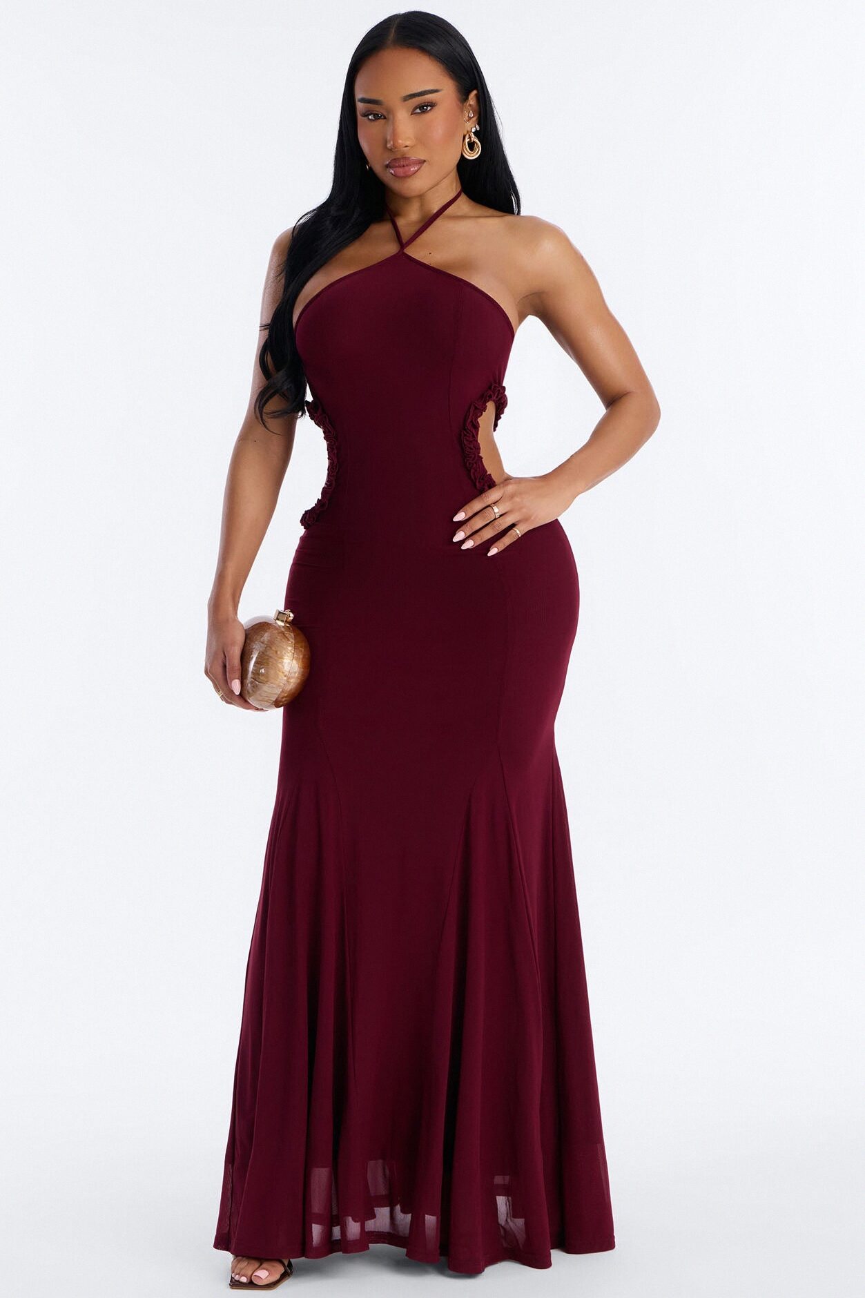 Tatiana Cut Out Mesh Maxi Dress - Wine